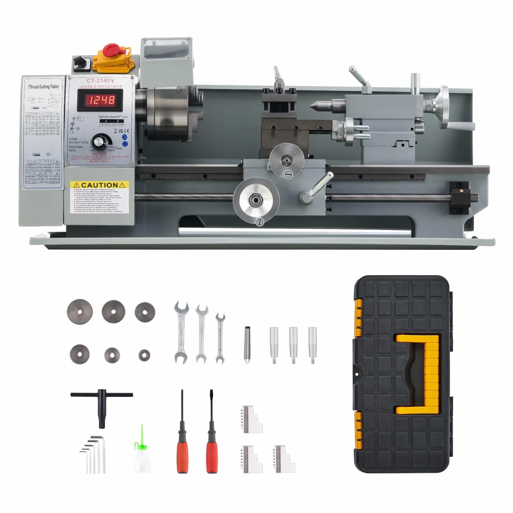 CREWORKS 750W Tornio per Metallo 210 x 400 MM Tornio da Banco per Metalli a Velocità Variabile 50-2500 giri/min con Mandrino a 3 Griffe LCD Display per Filettatura Tornitura Taglio Foratura