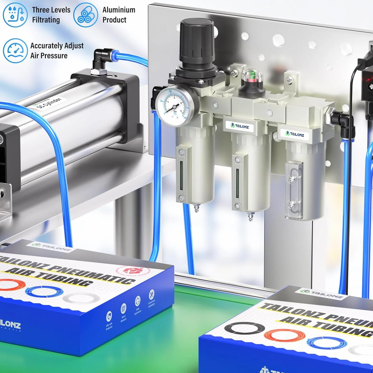 TAILONZ PNEUMATIC 0-1,6MPA 1/2-inch BSP Filtro terziario per particolato di grado industriale, filtro a coalescenza, essiccatore e regolatore d'aria (manuale).