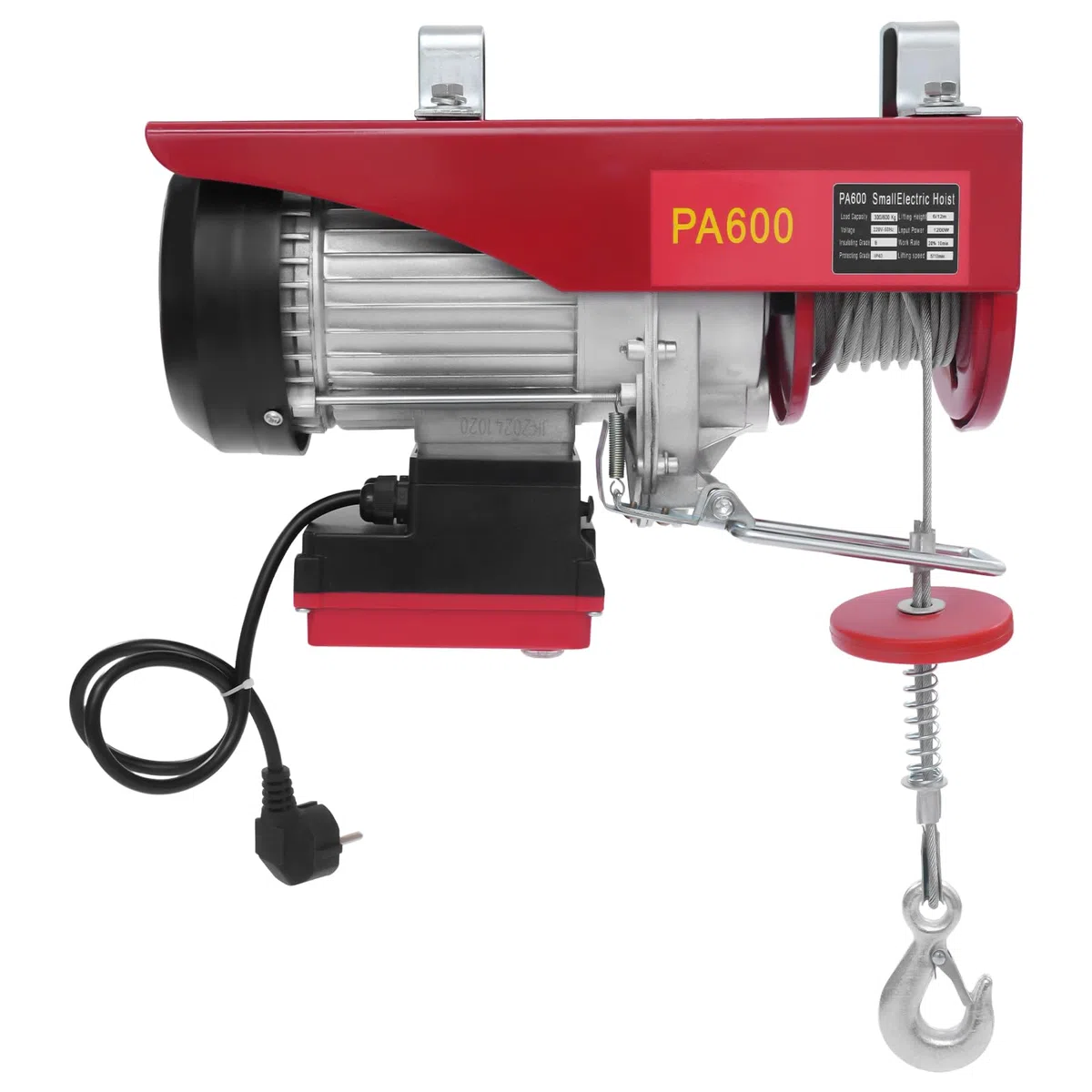 Paranco Elettrico 600kg 1200W Telecomando Wireless, Montacarichi Elettrico con Limitatore di Carico per Officina/Cantiere/Garage, Verricello Elettrico Doppia Imbracatura per Sollevamento 12m