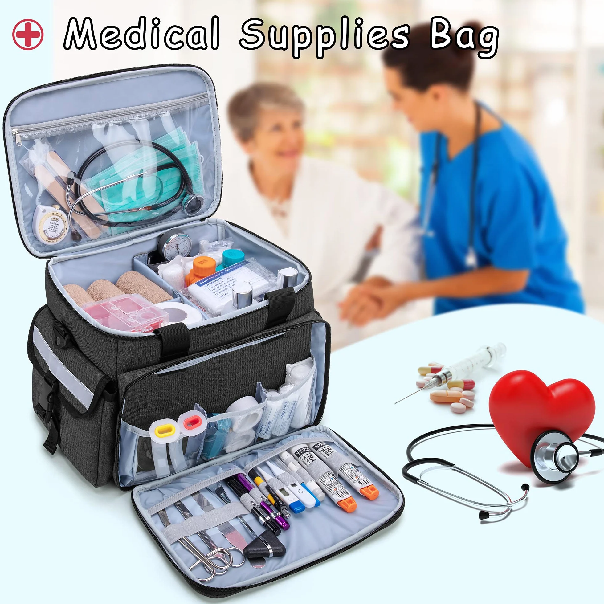 CURMIO Borsa per Infermiere Domiciliare, Organizer Forniture Mediche Con Tracolla e Divisori Rimovibili per Fisioterapisti, Medici, Personale Sanitario, Solo Borsa Medica, Nero