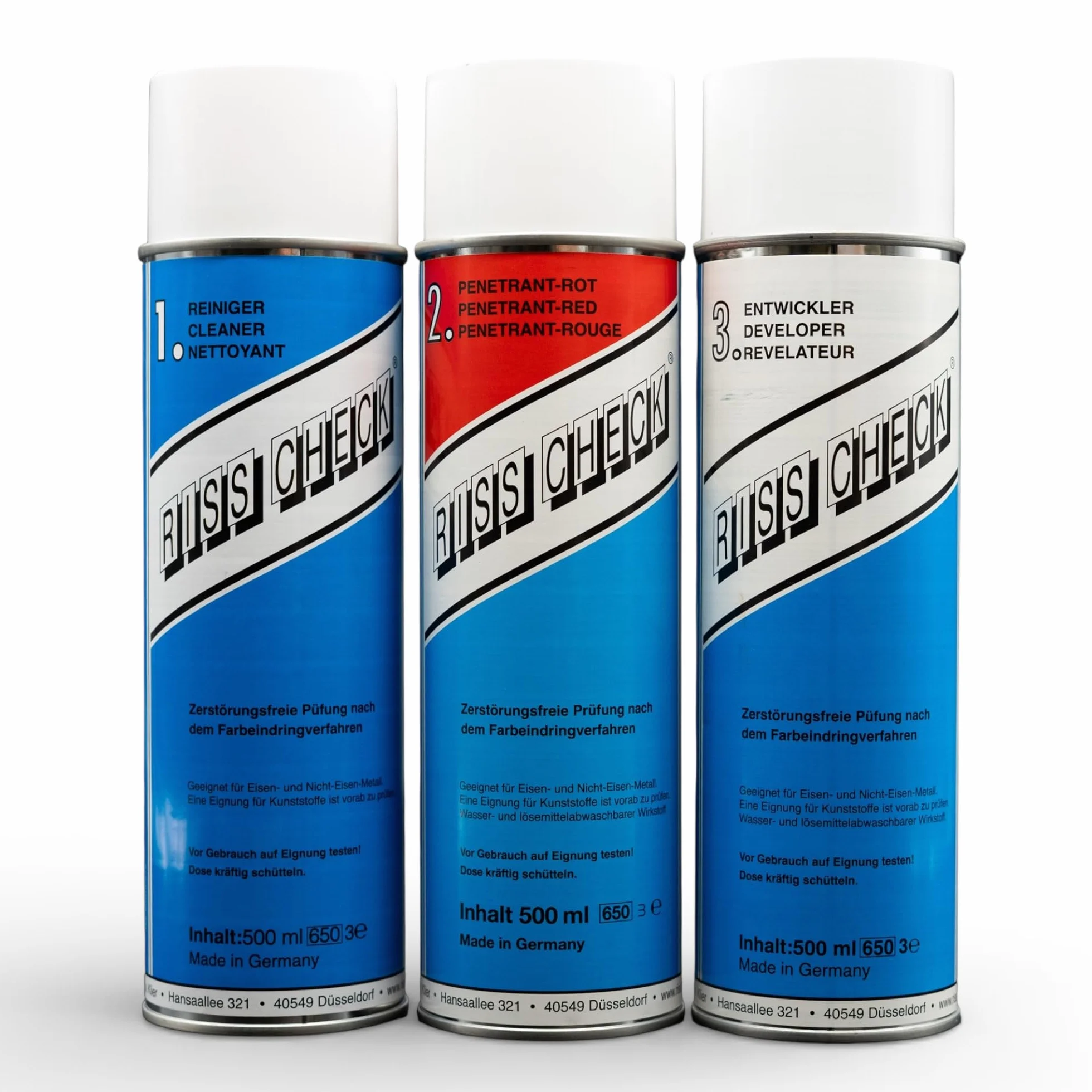 RvK RISS CHECK – Kit controllo crepe 3×500 ml – Spray detergente, spray rilevatore rosso, spray contrasto bianco – Prova non distruttiva DIN EN ISO 3452-2