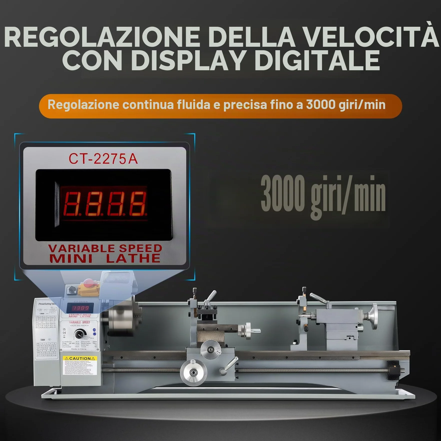 CREWORKS 1100W 220 x 750 MM Mini Tornio in Metallo, 50-2250 RPM Tornio da Banco in Metallo con Mandrino a 3 Ganasce per Fai da Te Lavorazione del Legno e dei Metalli