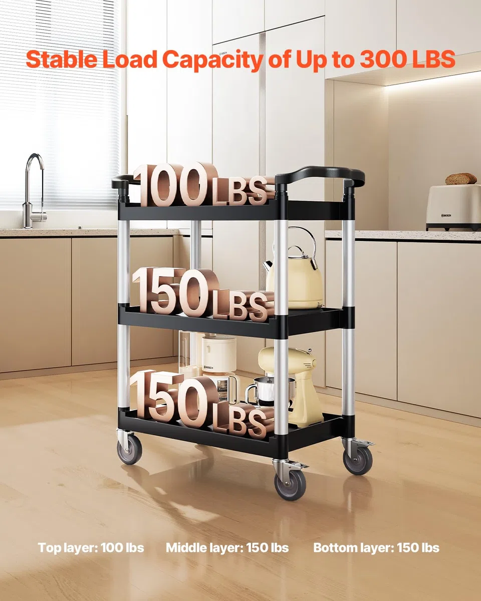 VEVOR Carrello Portavivande, Capacità di Carico 136 kg Carrello per Servizi Alimentari in Plastica a 3 Livelli da 620 x 410 mm con Ruote Girevoli 360° per Magazzino, Ufficio, Casa, Ristorante, Cucina