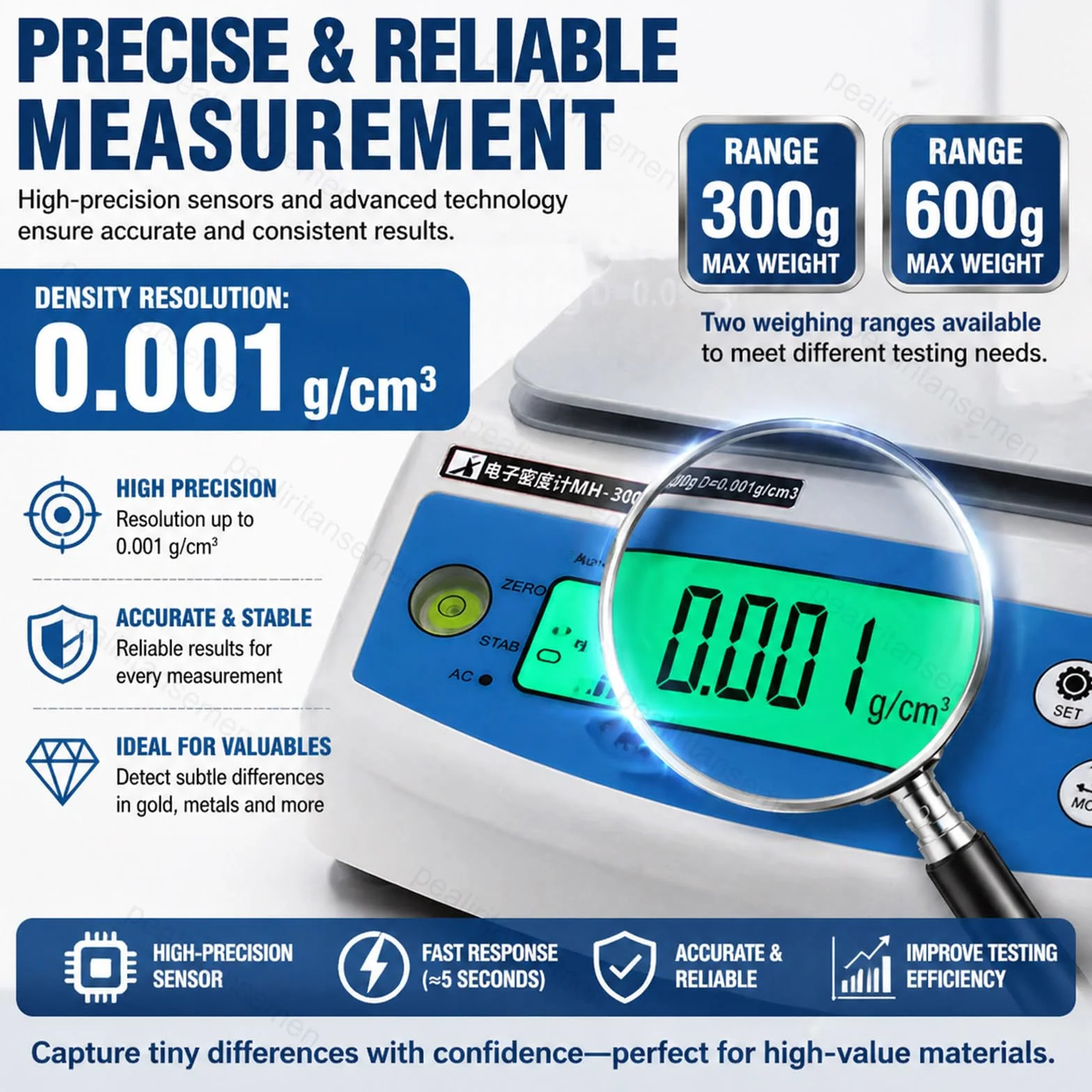 Densimetro solido digitale 0,001 G/cm³ per gomma plastica PVC metallo metalli preziosi, tester volume densità spostamento acqua