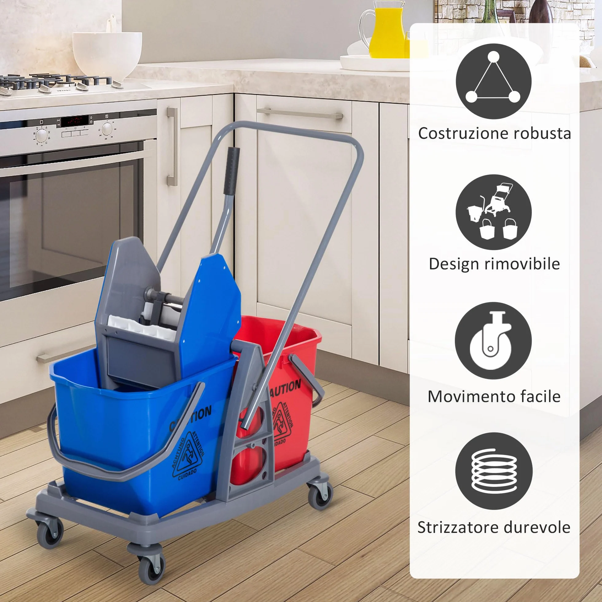 HOMCOM Carrello delle Pulizie 2 Secchi 25L Strizzatore 73×45×92cm