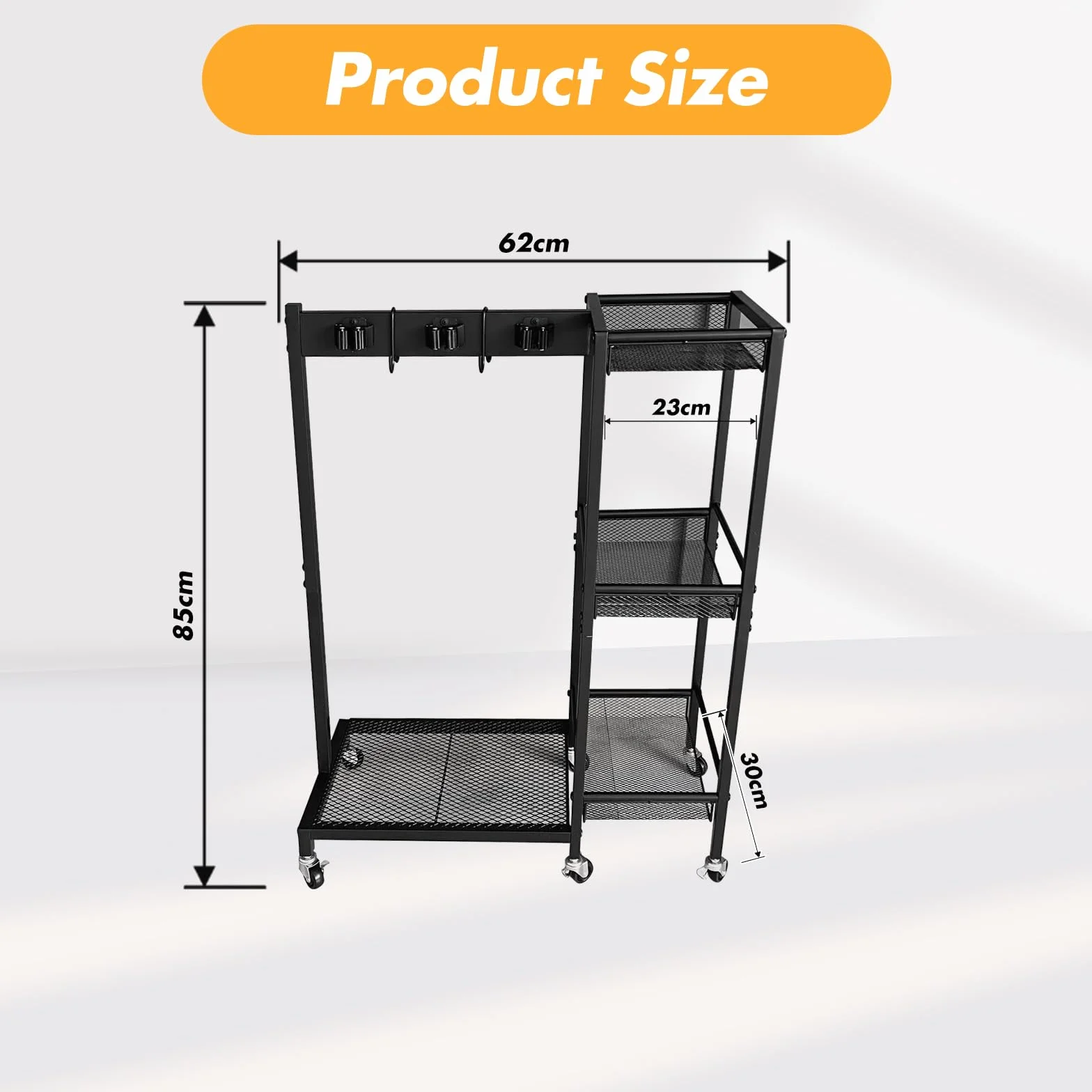 Carrello per Pulizie 3 Ripiani con Ruote, Organizzatore Mobile Porta Scope, Portata 50kg