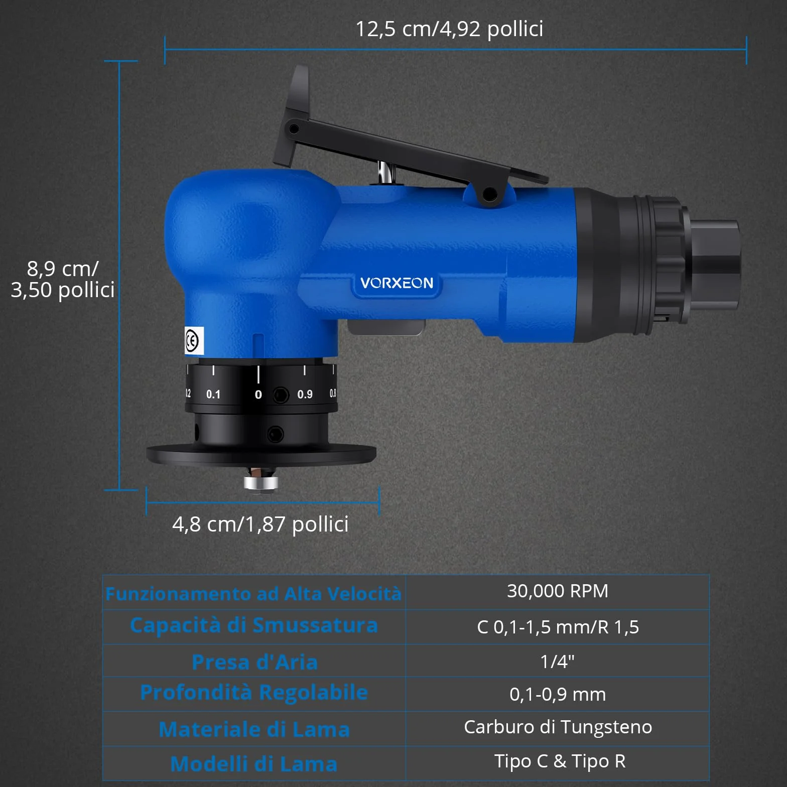 Smussatrice Pneumatica Portatile 45°, Mini Macchina Smussatura Aria 30000 RPM 4 Velocità, Inserti R C Regolabili 0.1-1.5mm Metallo Legno PVC