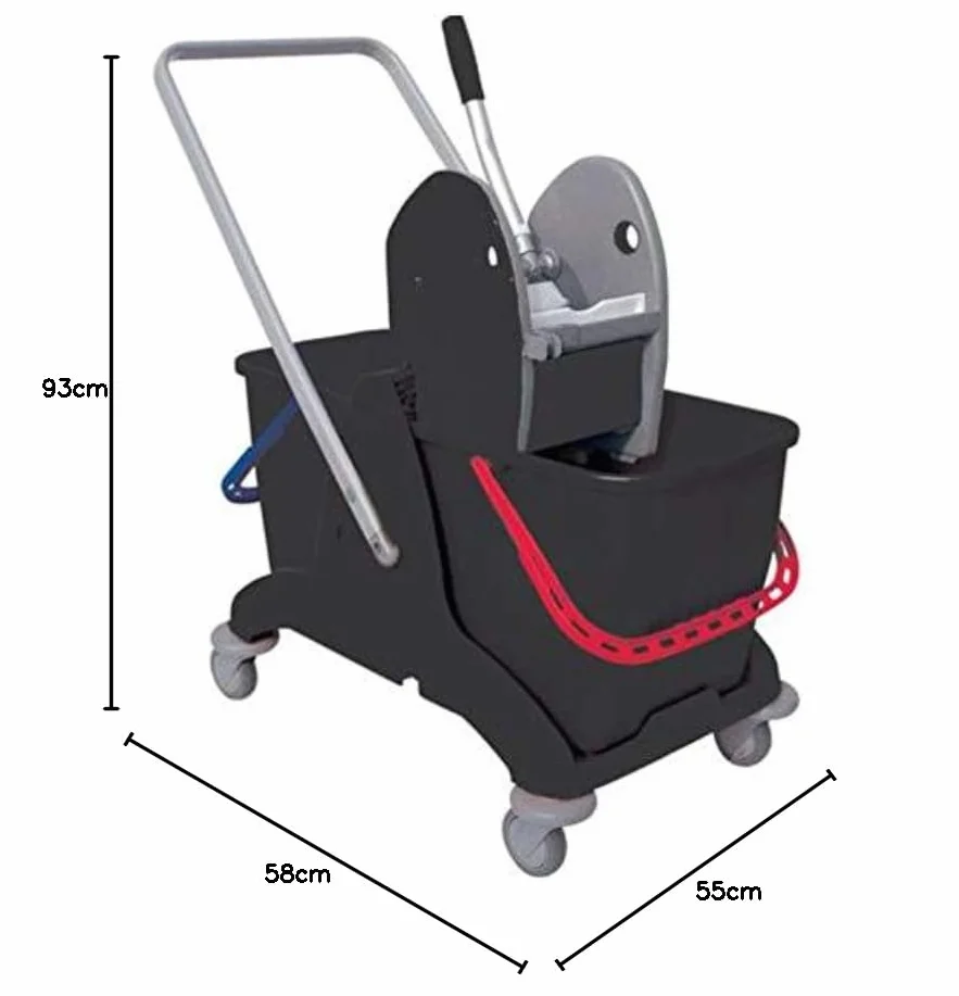 Secchio Lava Pavimenti Professionale Industriale Carrello Doppia Vasca Nero 25+25 L Manico Blu Rosso Strizzatore
