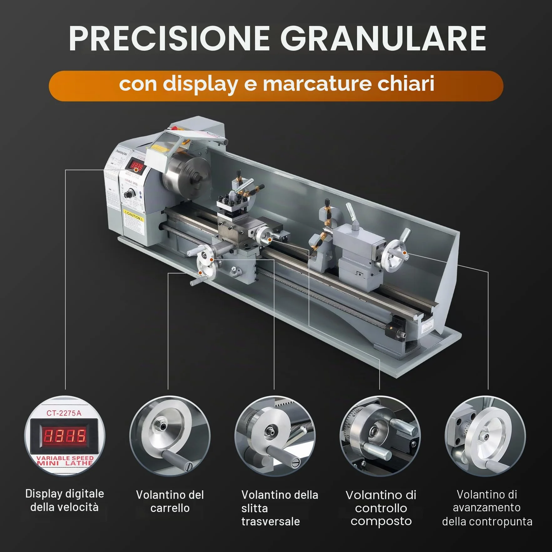 CREWORKS 1100W 220 x 750 MM Mini Tornio in Metallo, 50-2250 RPM Tornio da Banco in Metallo con Mandrino a 3 Ganasce per Fai da Te Lavorazione del Legno e dei Metalli