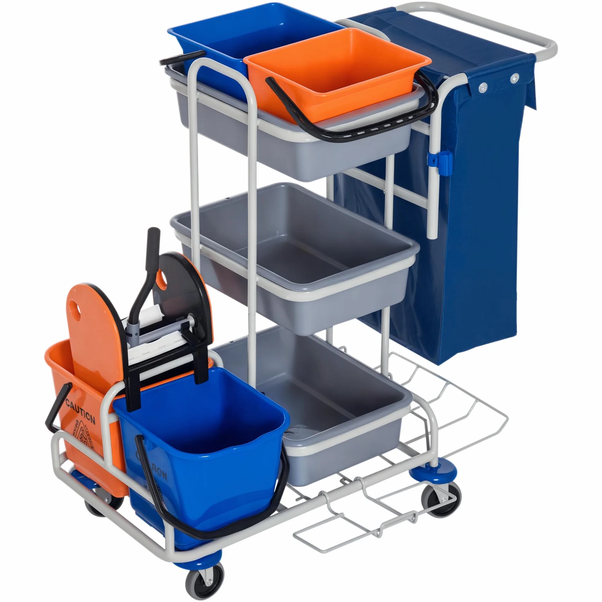 HOMCOM Carrello per Pulizie 4 Secchi Rotelle Borsa di Tela 118 × 73 × 103cm