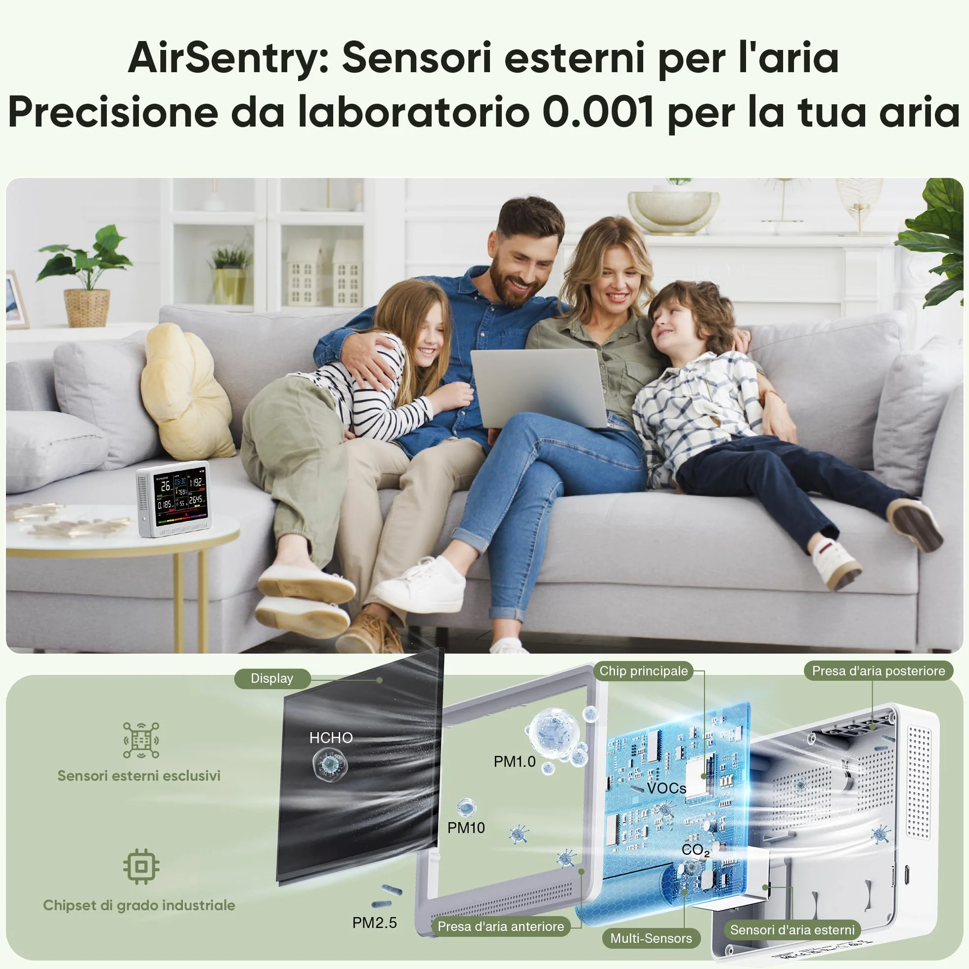 bonoch Professionale 16-in-1 Misuratore Qualità dell'Aria, Rilevatore CO2 con Display 5.5" e Batteria 10h, Monitor TVOC PM2.5 PM1.0 PM10 HCHO Temperatura Umidità
