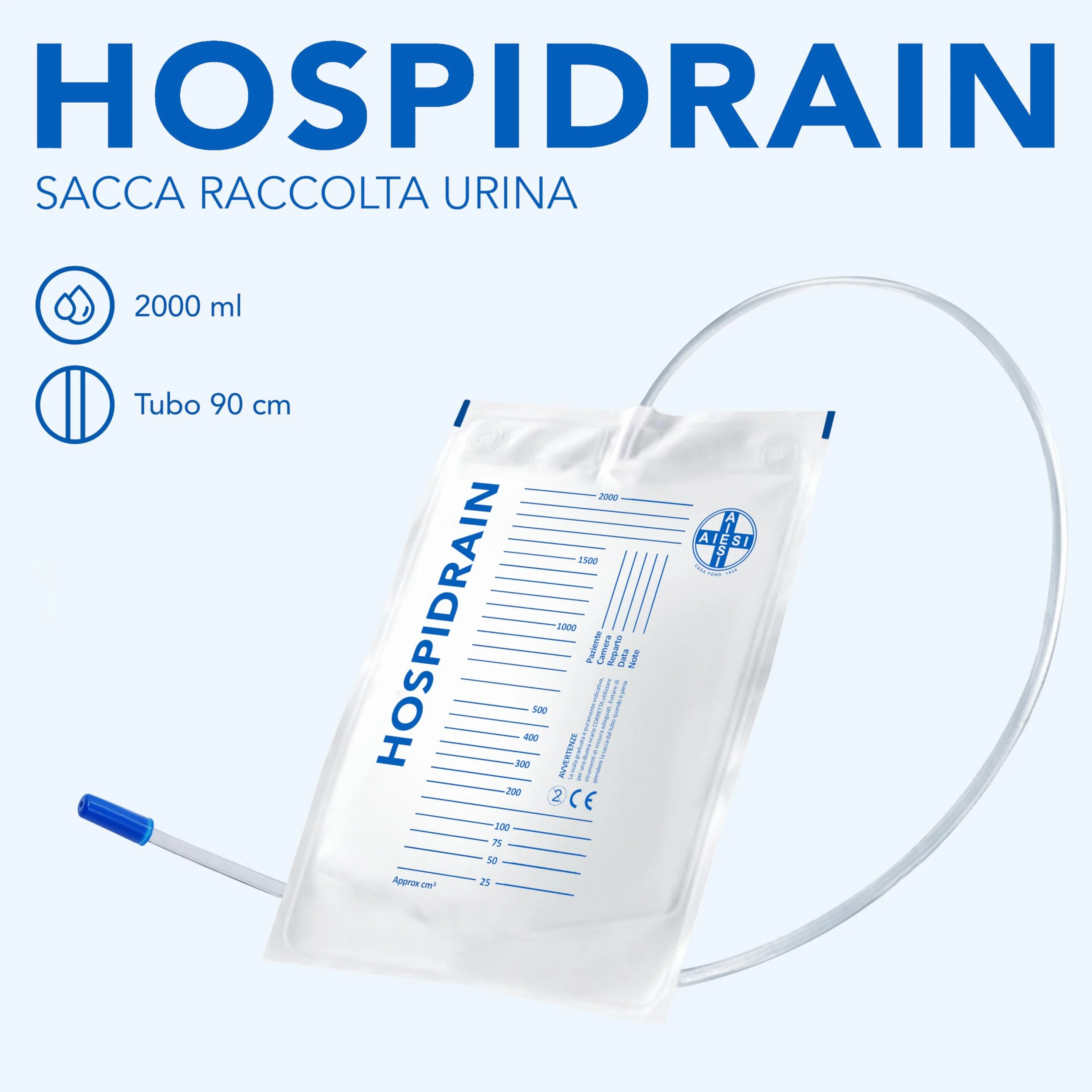 AIESI® HOSPIDRAIN Sacche per urina da letto 2 litri tubo 90 cm 250 pezzi senza rubinetto