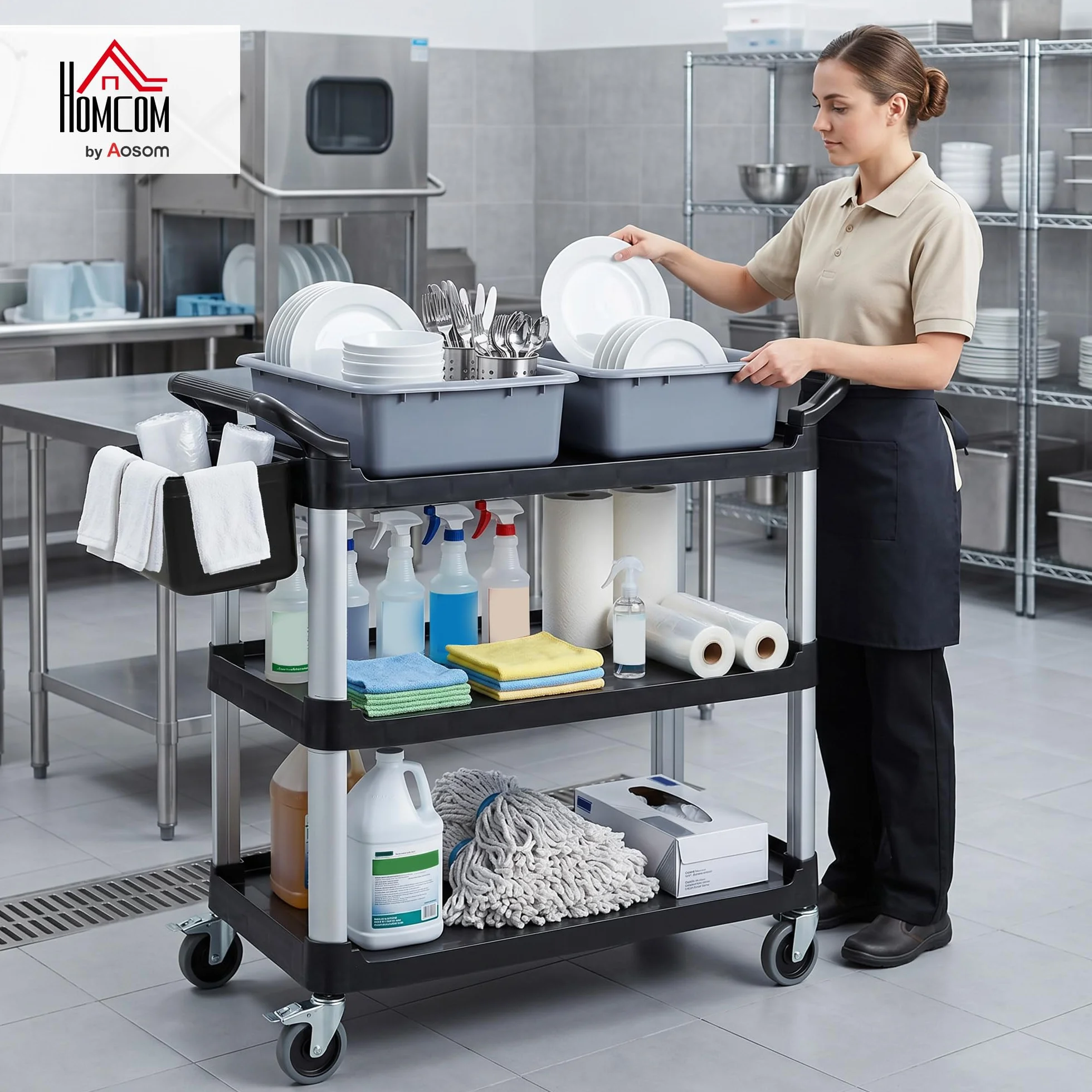 HOMCOM Carrello Pulizie Professionale 3 Ripiani Metallo Plastica 2 Contenitori Rimovibili Secchio Sospeso 4 Ruote Capacità 100kg 115x50x100 cm Nero