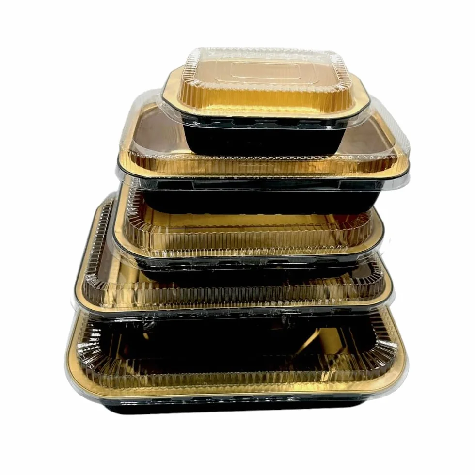 Contenitori Premium in alluminio laccati gold e black con coperchio in pet trasparente 50 pezzi (2040cc)