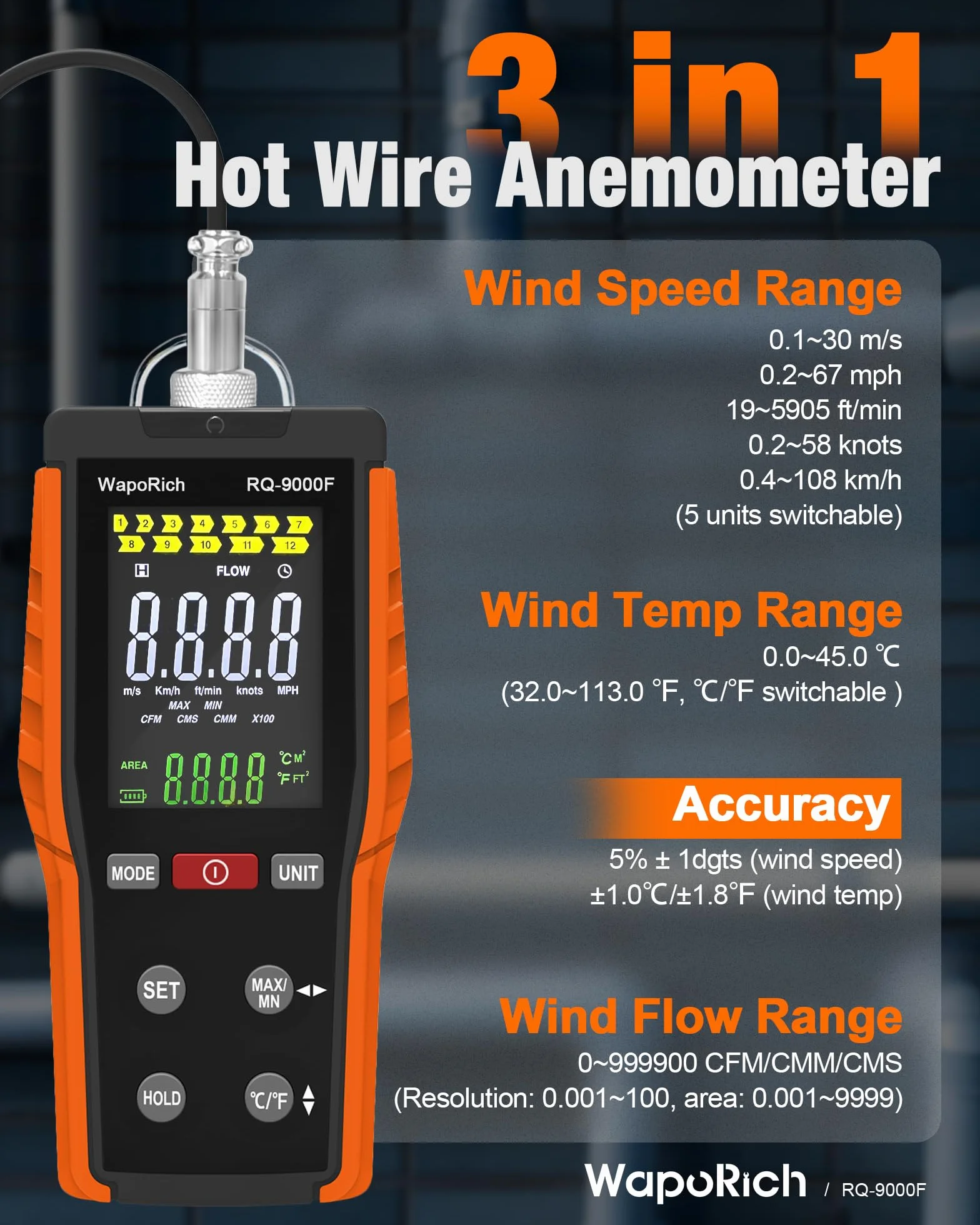 WapoRich RQ-9000F Anemometro a Filo Caldo Portatile, 0,1-30 m/s, 0-999.900 CFM/CMM/CMS, Display MAX/MIN per Condotti HVAC