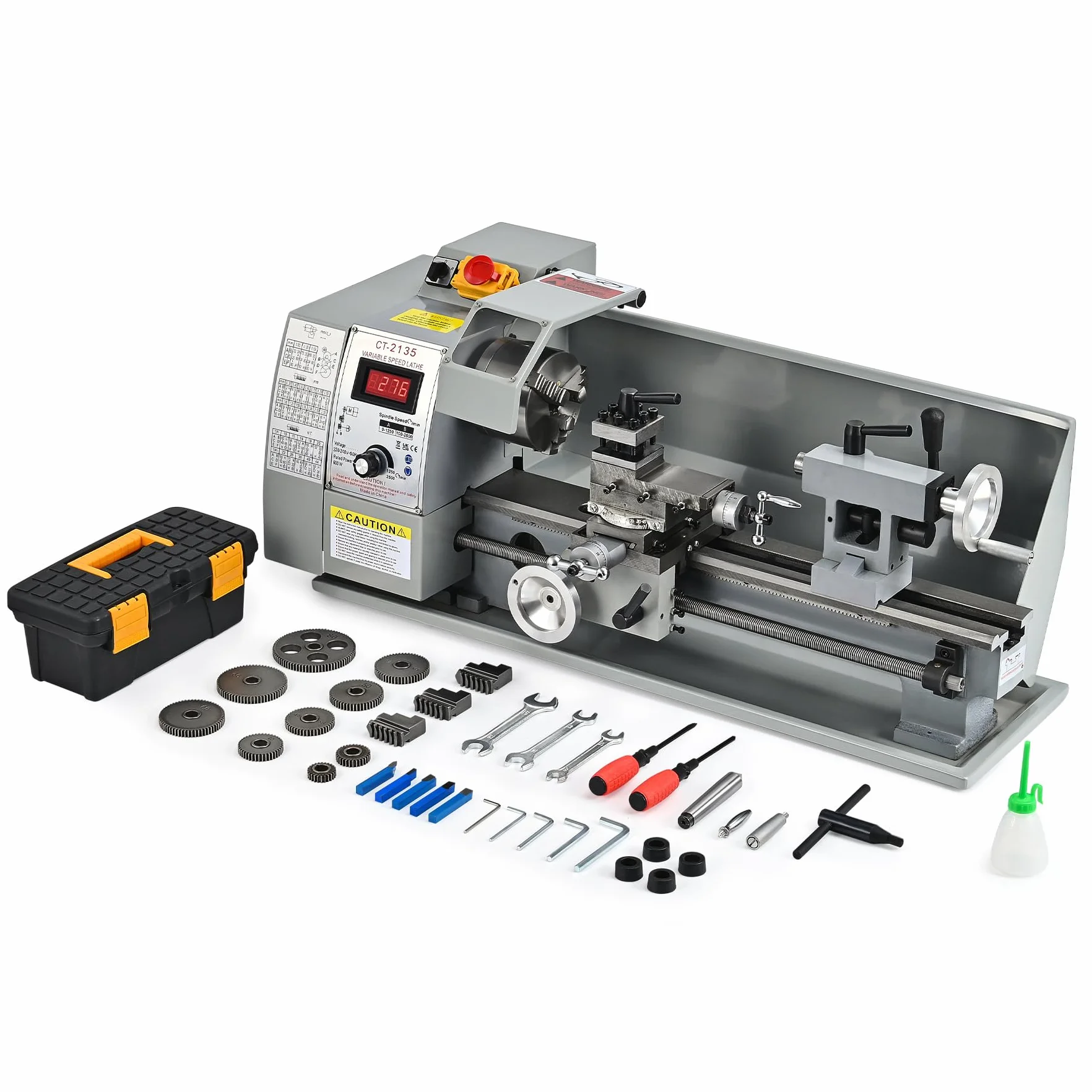 CREWORKS 600W Tornio per Metallo 210 x350 MM Tornio Metallo a Velocità Variabile 0-2250rpm con Mandrino a 3 Griffe e Display LCD per Tornitura Taglio Foratura