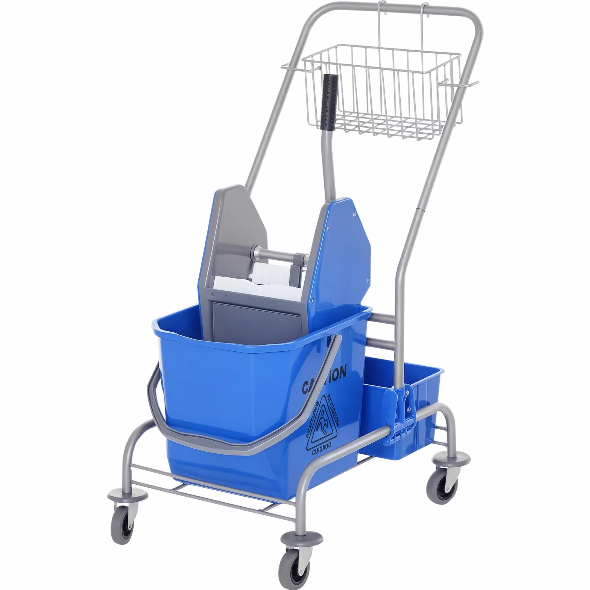 HOMCOM Carrello Pulizie Professionale 72x49.5x95 cm Blu Secchio Lavapavimenti 25L con Strizzatore Cesto Sospeso Ripiano Gancio Multiuso