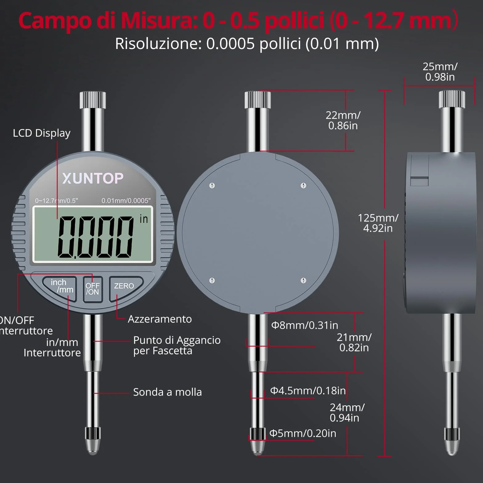 XUNTOP Alesametro con Quadrante 50-160mm/2-6" con Set 12 Testine Auto Alesametro con Comparatore Centesimale 0.01mm Precisione Indicatore Diametro Interno con Custodia ABS per Motori Cilindri CNC