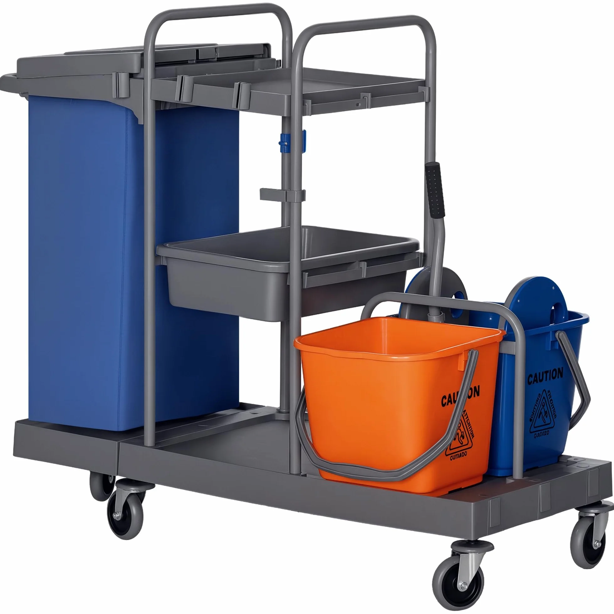 HOMCOM Carrello Pulizie Professionale 3 Ripiani con Sacco Immondizia, Ganci Scopa, Secchio Lavapavimenti Strizzatore Mocio, 5 Ruote, 111x63.3x103 cm, Grigio