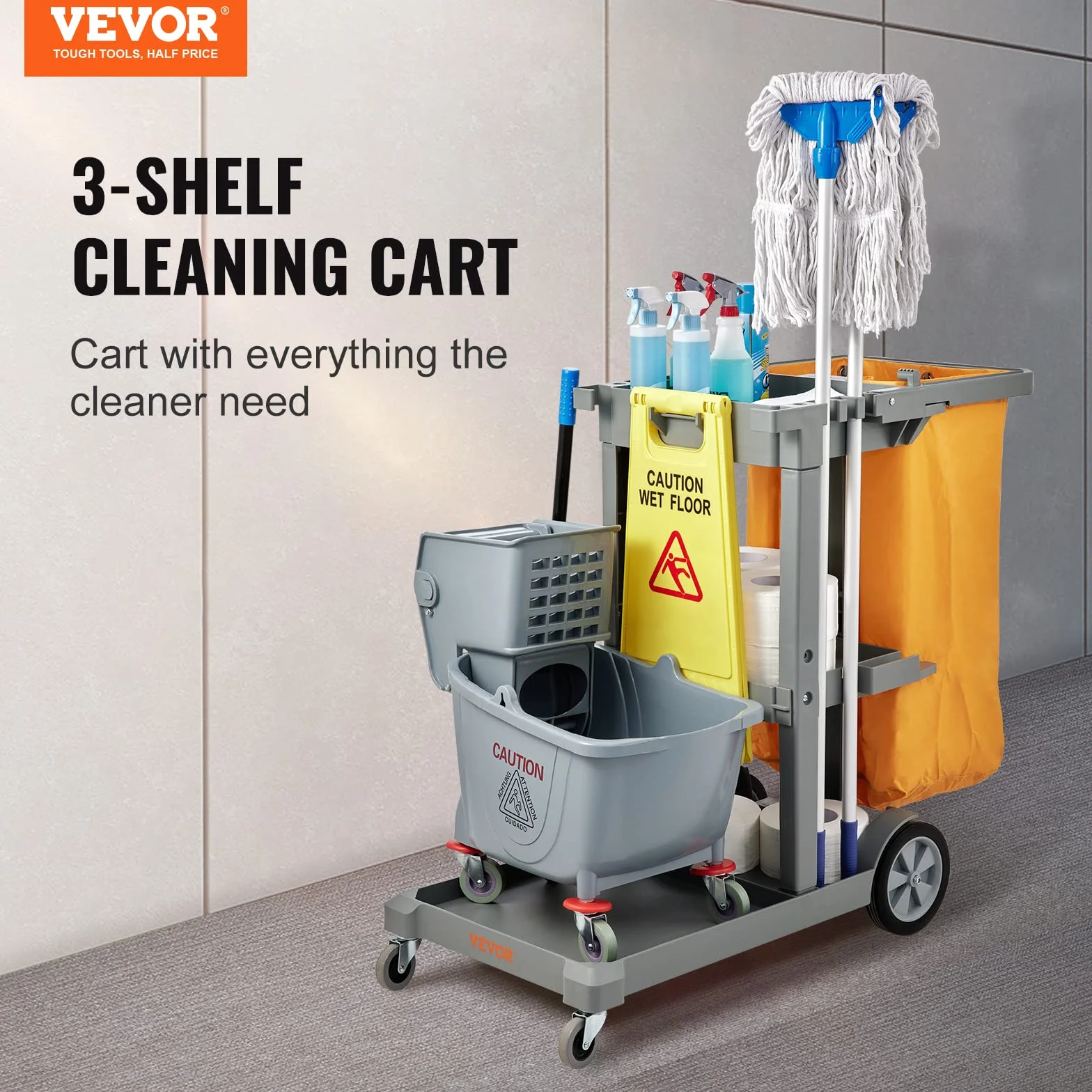 VEVOR Carrello Pulizia 3 Ripiani Sacco Raccolta Ruote PVC 90,7kg