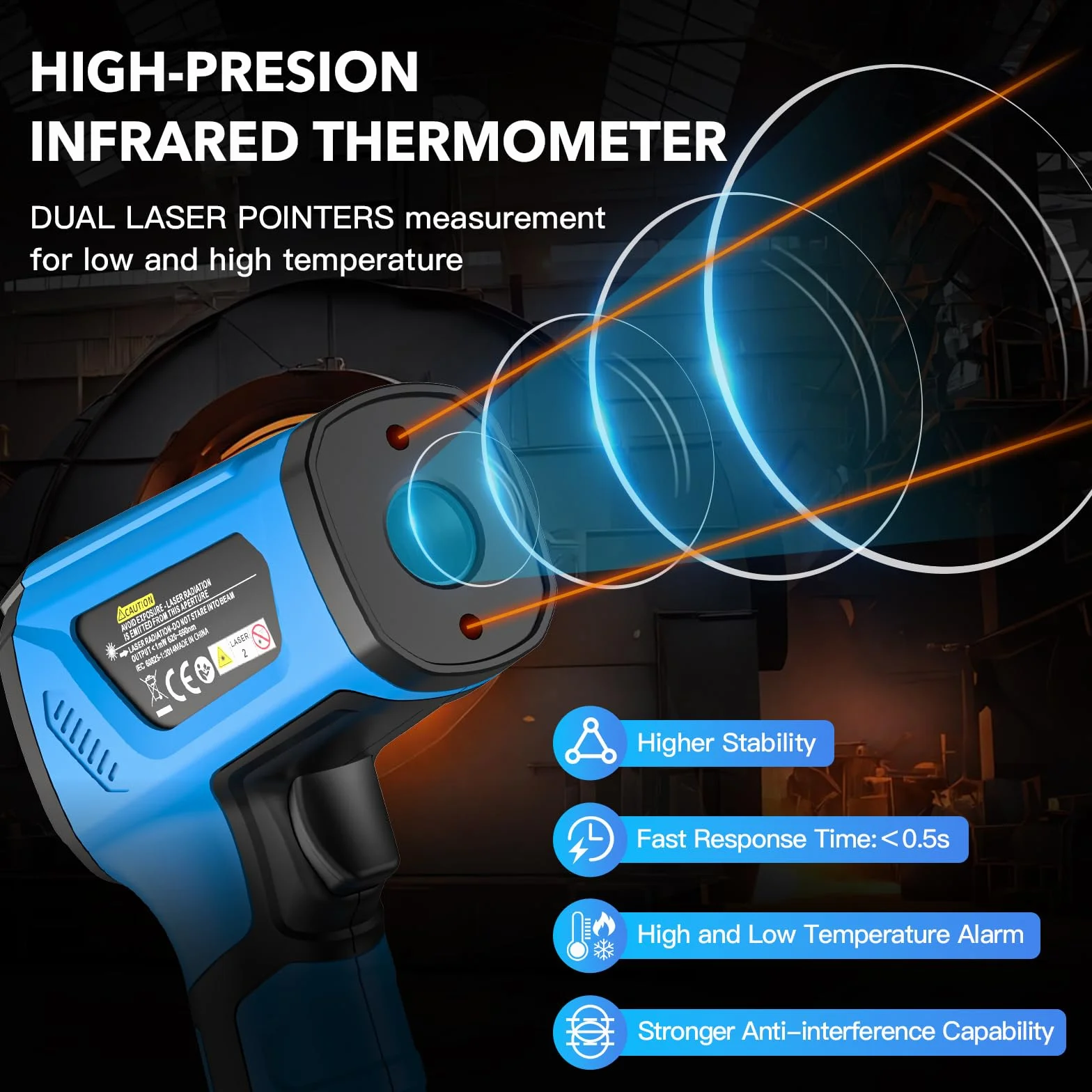 MESTEK Termometro a Infrarossi -40°C~1600°C Digitale Laser Pirometro con K-Probe D:S-50:1