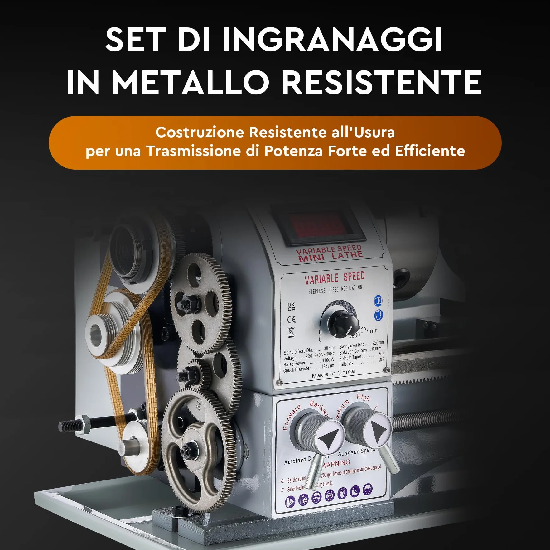 CREWORKS 1100W Tornio per Metallo 220 x 600 MM a Velocità Variabile 0-3000rpm con Mandrino a 3 Griffe e Display LCD per Filettatura, Tornitura, Foratura, Lucidatura