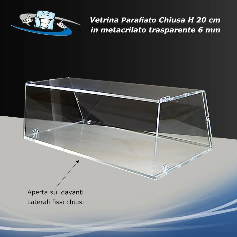 Vetrina da banco in plexiglass trasparente per alimenti H 20 cm aperta o chiusa su 3 lati disponibile con o senza sportello