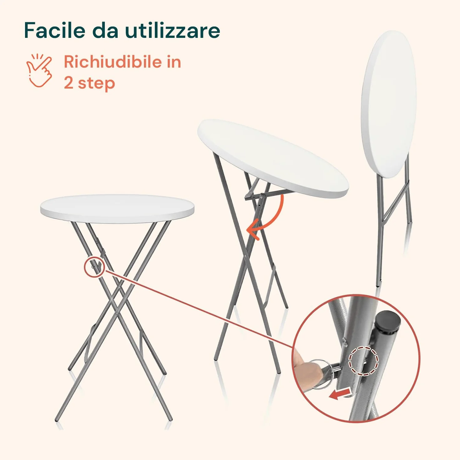 Avilia – Tavolo Pieghevole Rotondo Bianco Ø80 cm Ripiano in Resina e Struttura in Acciaio Richiudibile per Interno ed Esterno, Design Moderno, Facile da Usare e Salvaspazio
