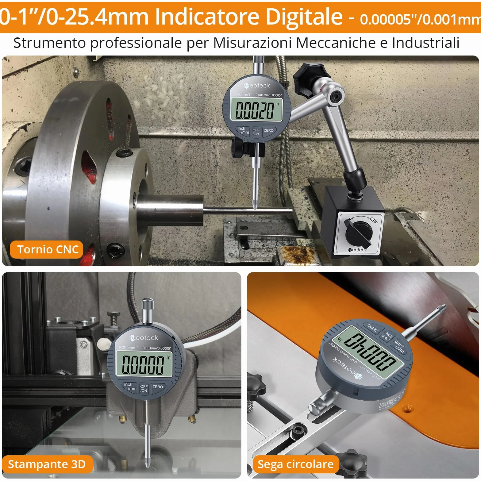 Neoteck Comparatore Digitale Millesimale 0–25.4mm – Indicatore di Precisione 0.001mm con Display LCD, Funzione Zero, Comparatore Millesimale con Conversione mm/pollici per CNC Tornio Officina