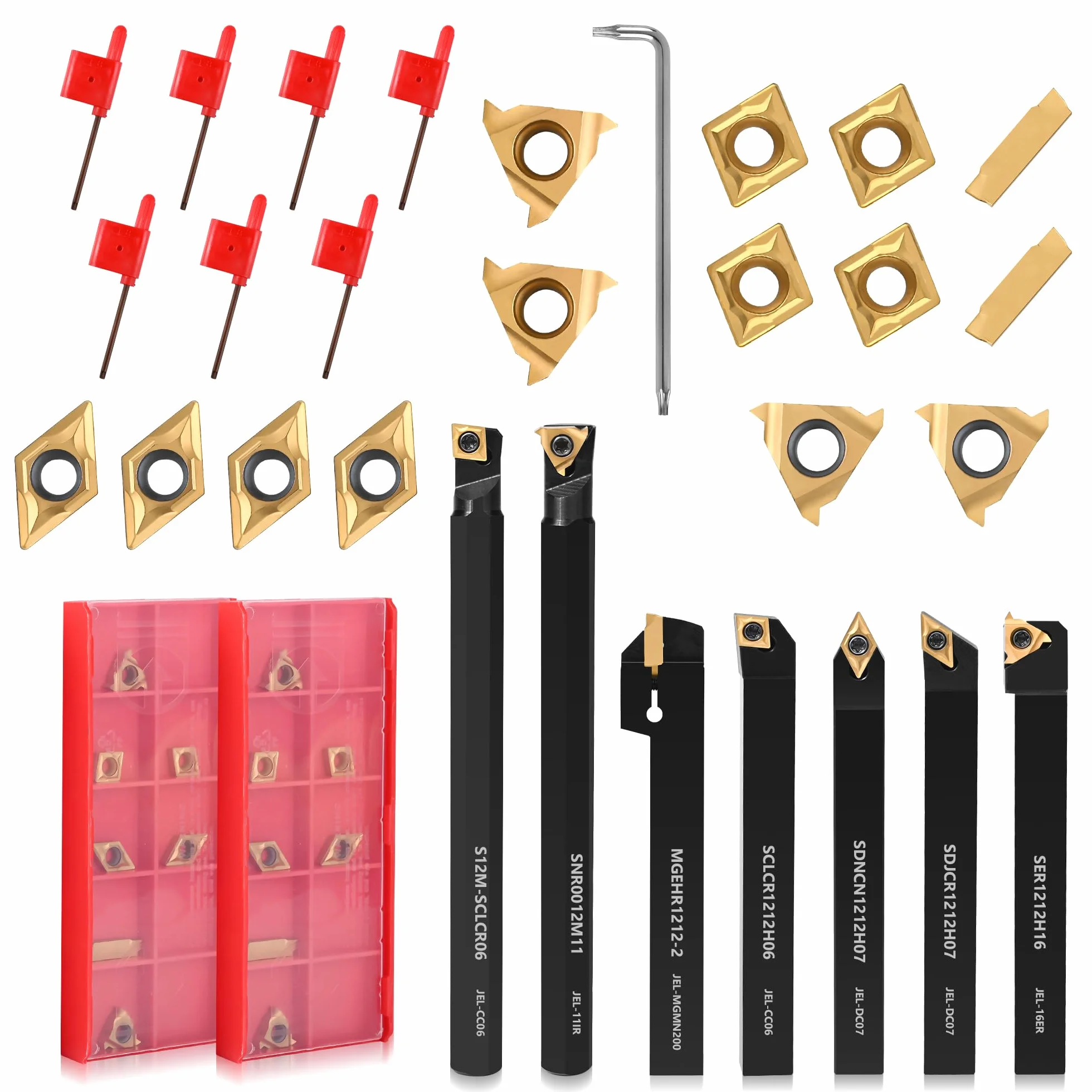 Set di 21 utensili per tornitura indicizzabili per tornio da 12 mm, 7 portautensili in metallo e 14 inserti in carburo per tornitura, scanalatura, filettatura, barra di alesatura e utensili