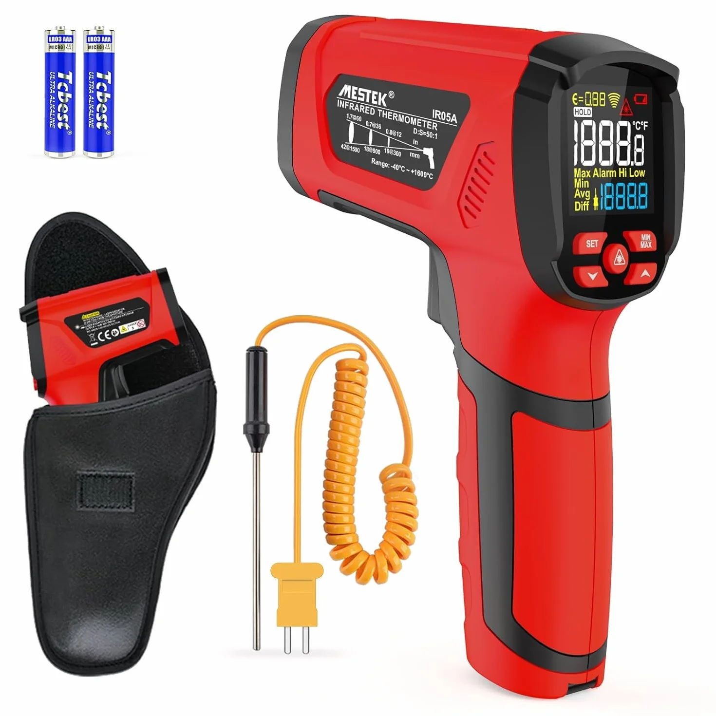 Termometro a Infrarossi MESTEK Digitale Laser -40°C~1600°C con K-Probe Senza Contatto LCD