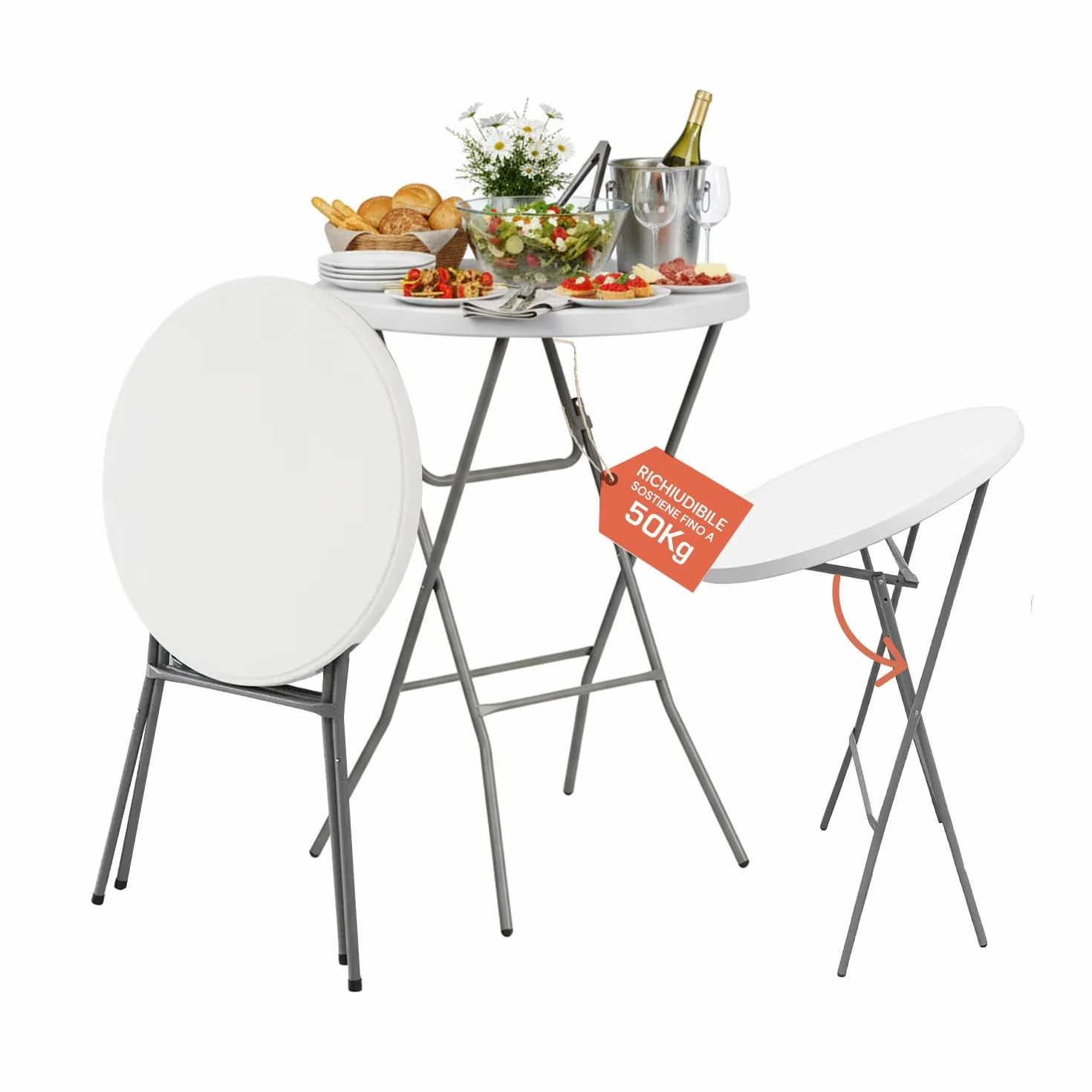 Avilia – Tavolo Pieghevole Rotondo Bianco Ø80 cm Ripiano in Resina e Struttura in Acciaio Richiudibile per Interno ed Esterno, Design Moderno, Facile da Usare e Salvaspazio