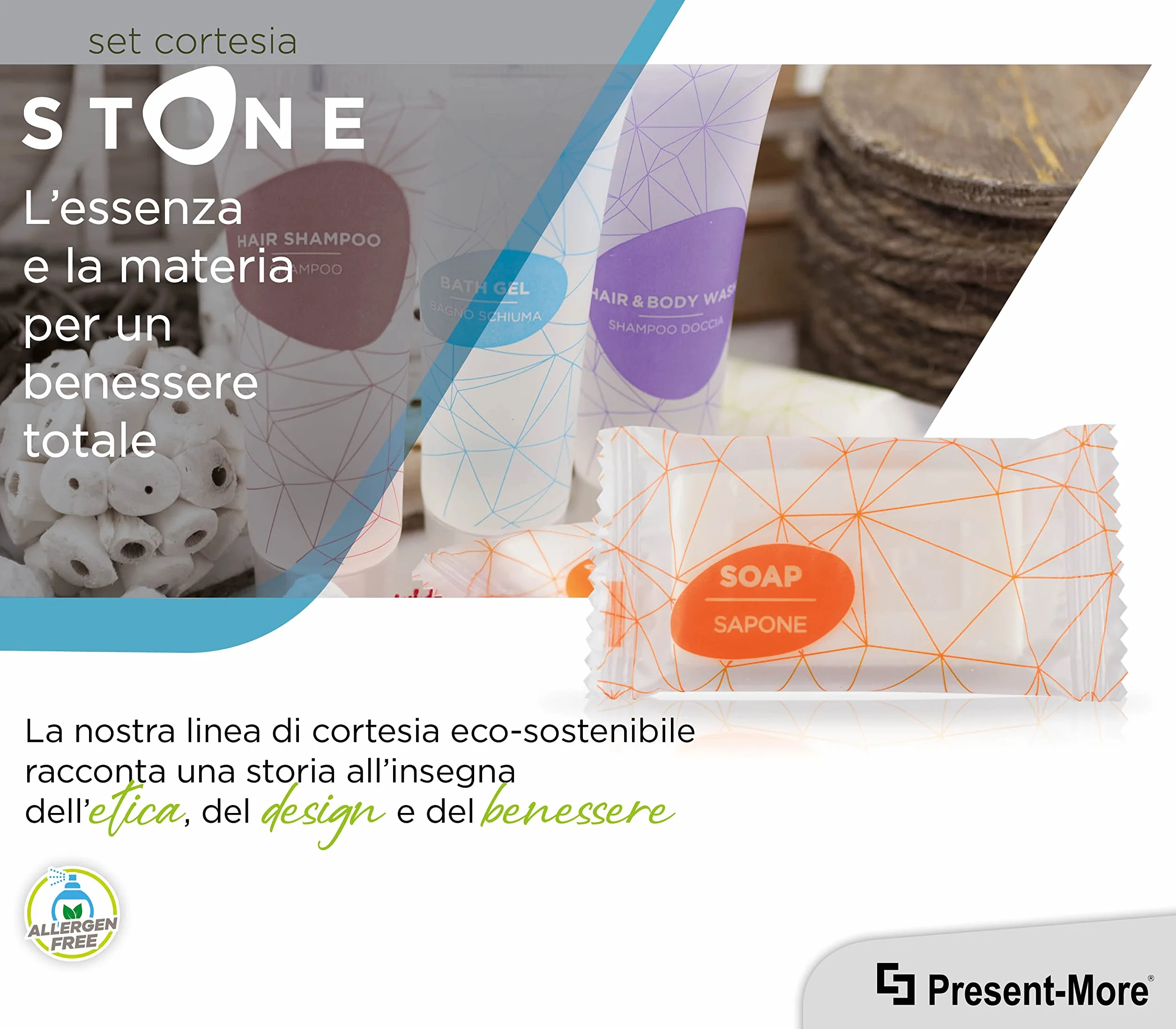 PRESENT-MORE - Saponette Hotel 12gr Stone - Confezione da 250 Pezzi - Saponetta Mani Senza Allergeni - Fragranza Relaxing - Ideale per Hotel e B&B
