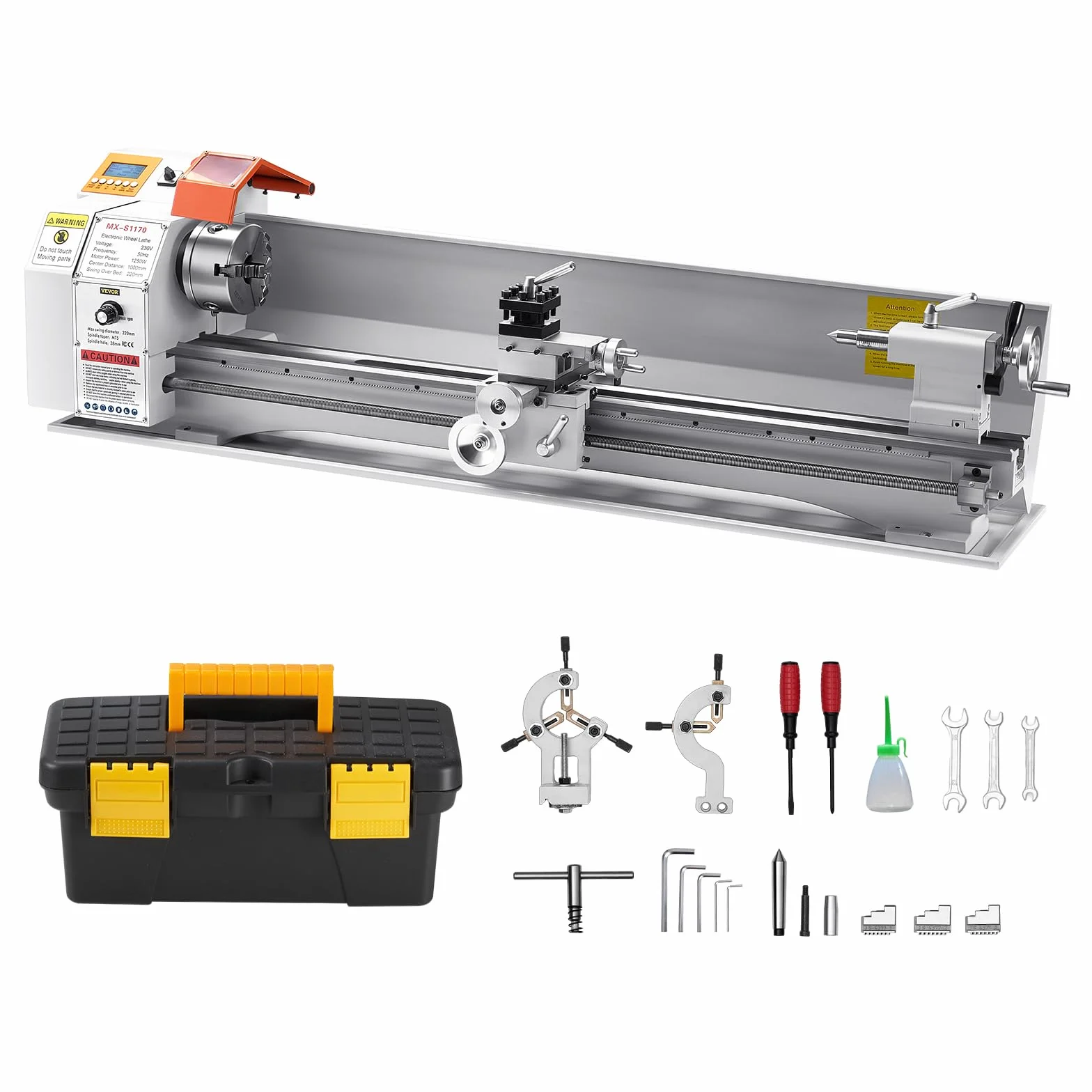 VEVOR Tornio per Metalli Legno, 220 x 1000 mm, Tornio di Precisione da Banco per Metalli, Avanzamento Automatico, Variabile Velocità 2500 Giri al Minuto, Motore Senza Spazzole 1250 W
