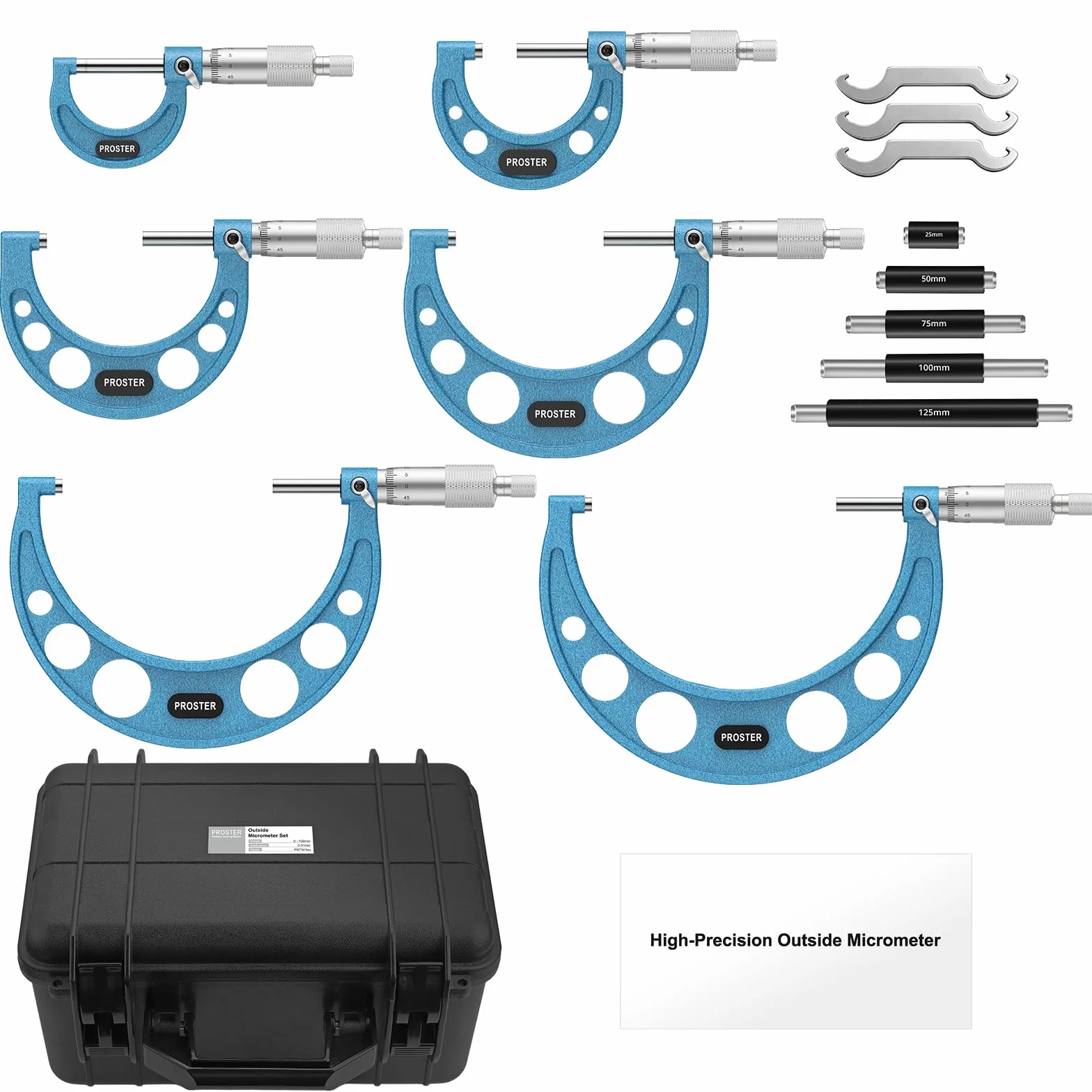 Proster Micrometri Esterni Set 6 Pezzi 0-150mm Ghiera Cricchetto Incudini Carburo
