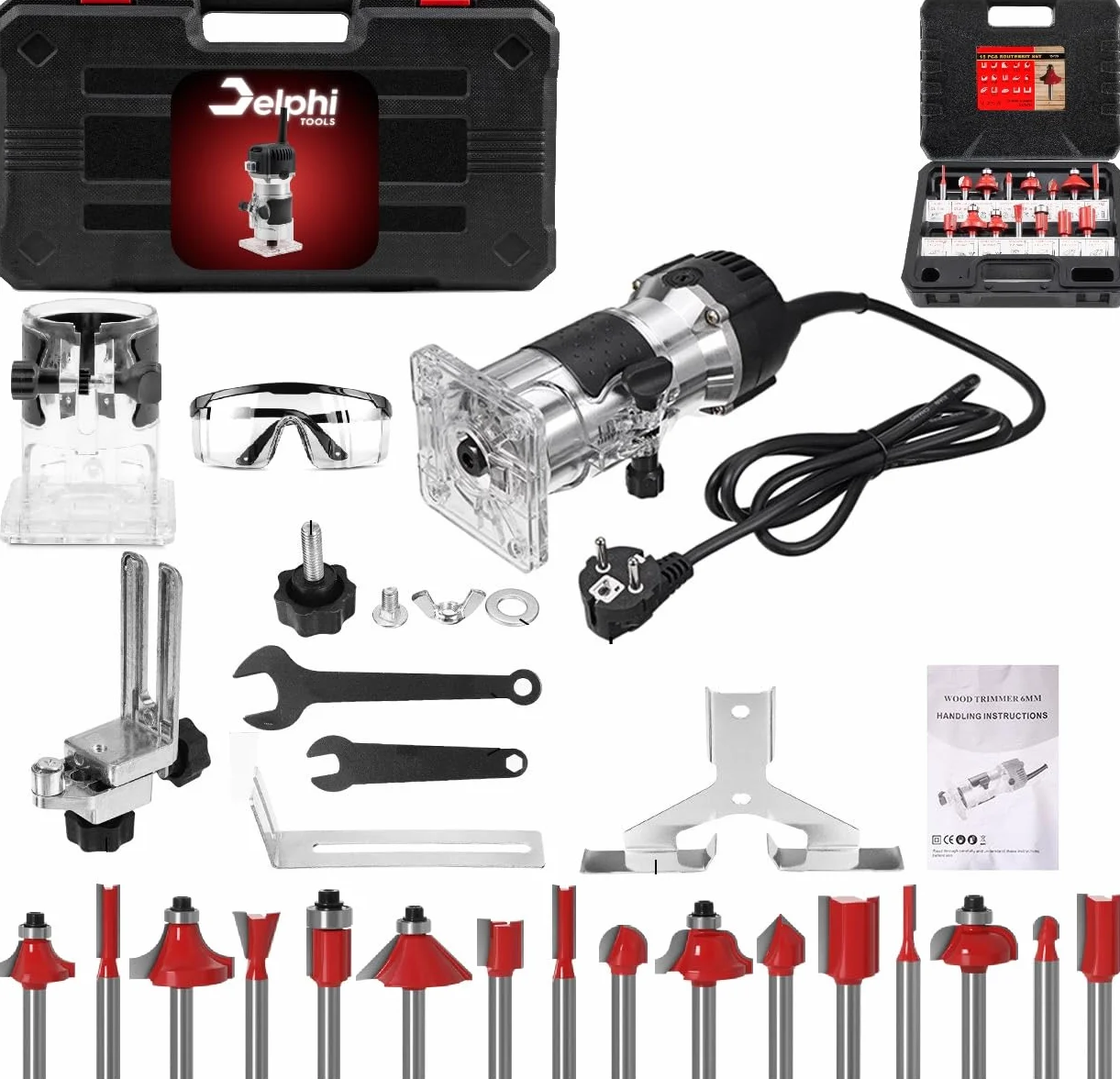 DELPHI Fresatrice Verticale Per Legno 800W 330000 R/MIN Con 15 pezzi Mandrino 6.35mm - Legno Rifilatrice Elettrica Router Legno Elettrica Rifilatrice Per Legno Con Custodia 25 Accessori SET