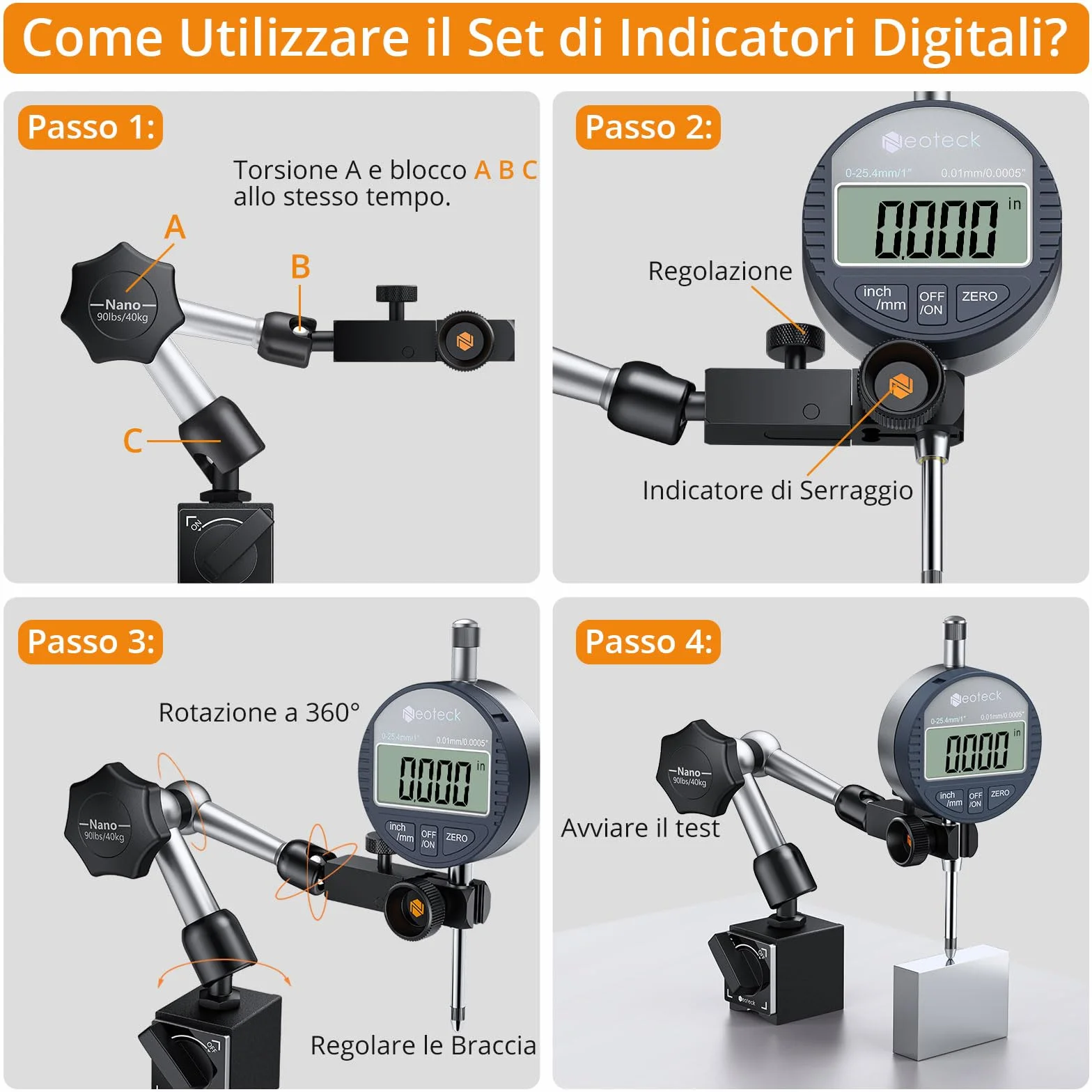 Neoteck 0-25.4mm Comparatore Centesimale con Base Magnetica 90lbs(40kg) Indidatore Elettronico dell'indicatore Digitale a Quadrante 0.01 mm (0.0005") con Braccio Flessibile Conversione mm/pollici