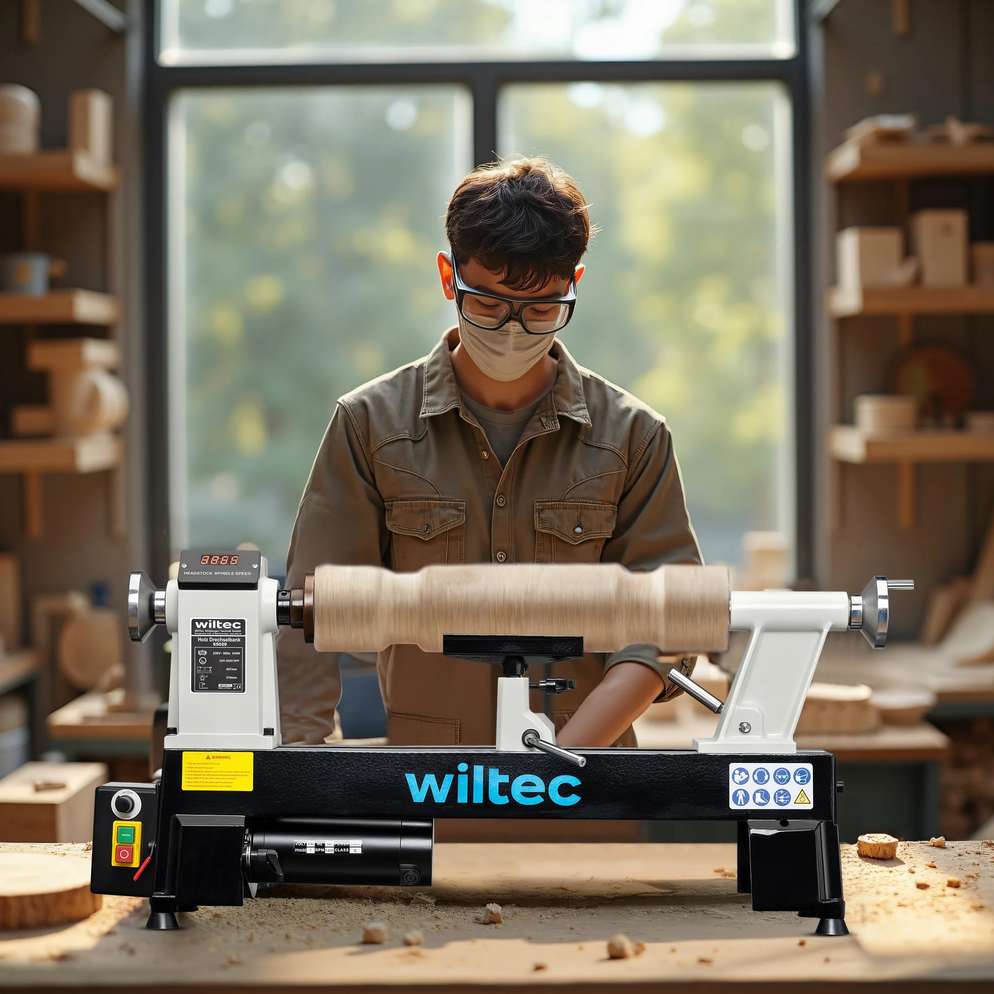 Wiltec Tornio per legno, 3 variazioni di velocità 50-1450, 1250-2800 e 2800–3800 rpm, Macchina da banco per tornitura
