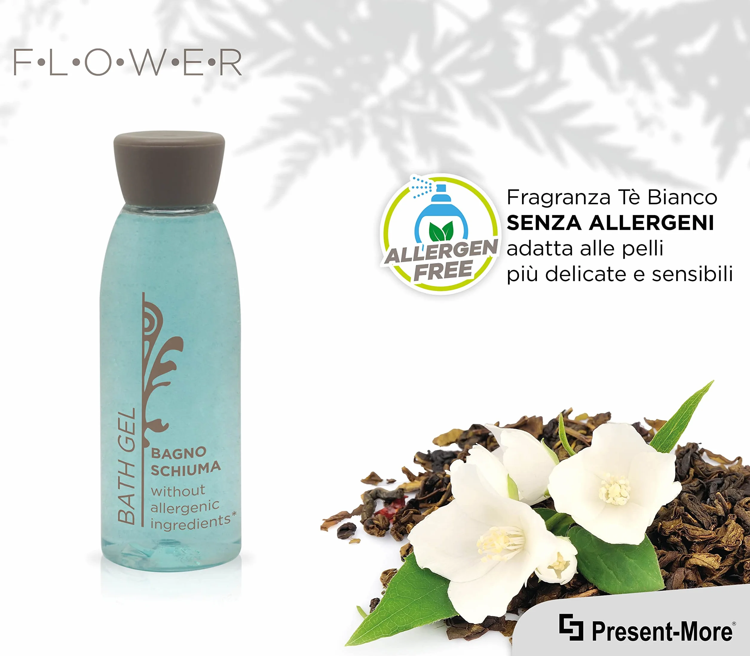 PRESENT-MORE - Bagno Schiuma 30ml Flower - Confezione da 250 Pezzi - Bagnoschiuma Monodose Senza Allergeni - Fragranza Tè Verde - Ideale per Hotel e B&B