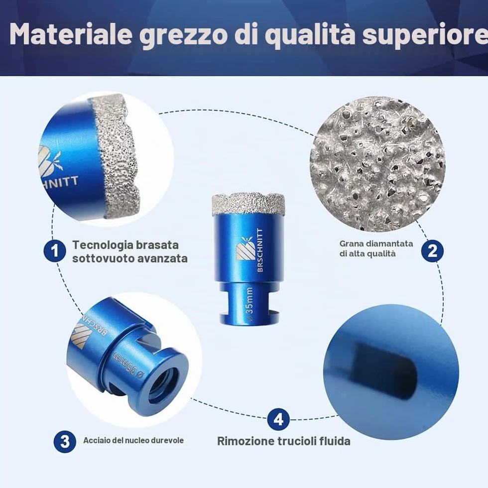Punta per Trapano Diamantata Set BRSCHNITT 20/25/35/50mm Fresa Diamantata M14 Filo per Porcellana Granito Piastrella Marmo Taglio a Secco