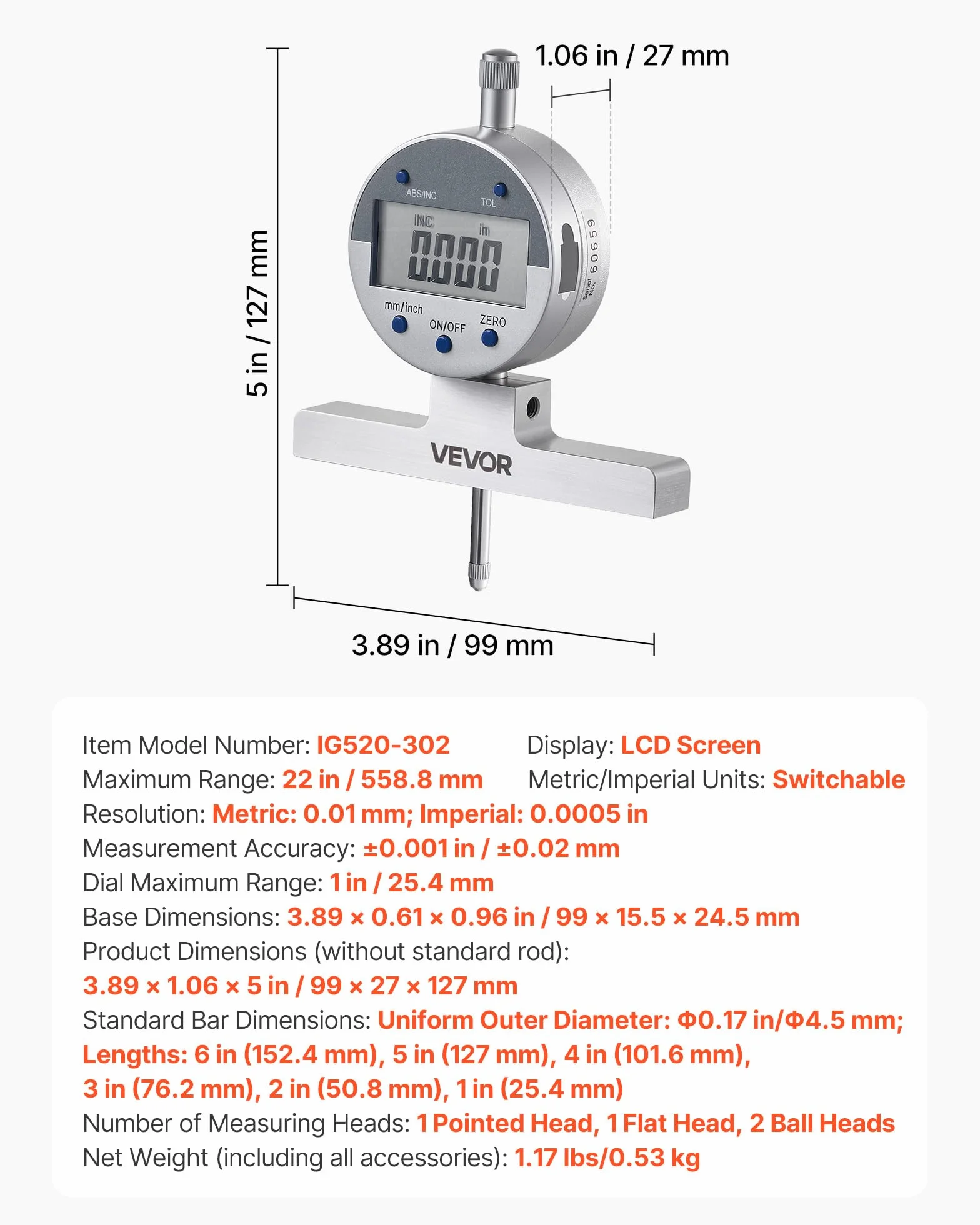 VEVOR Digitale Misuratore di Profondità Calibro 0-558,8 mm 4 Incudini