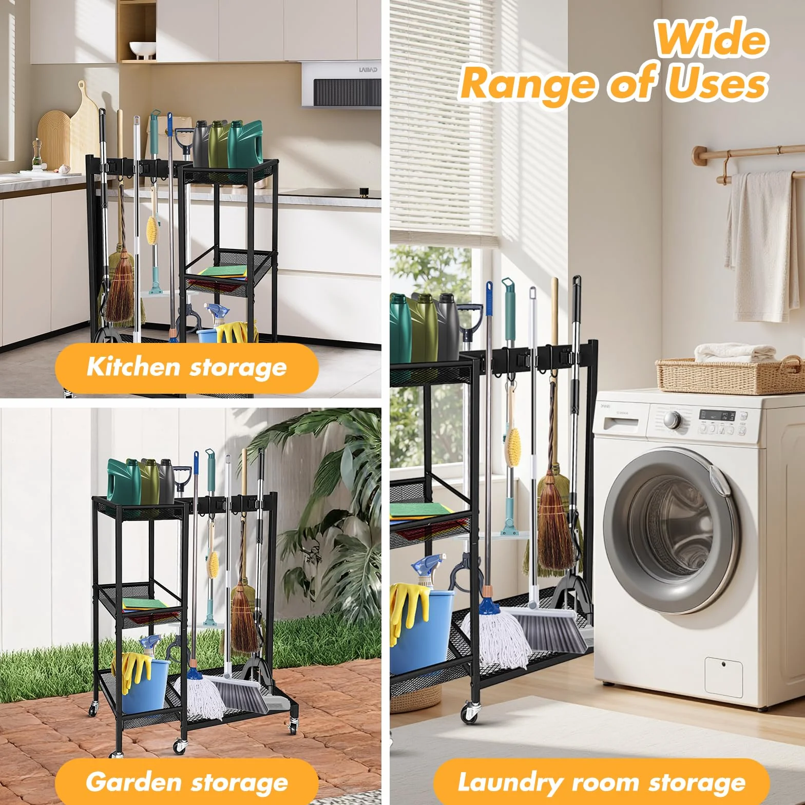 Carrello per Pulizie 3 Ripiani con Ruote, Organizzatore Mobile Porta Scope, Portata 50kg
