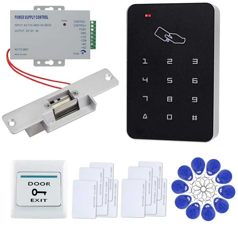 Kit di Sicurezza per Porta con Controllo di Accesso Completo con Tastiera da 125 KHz,Serratura Elettrica + Alimentatore,Pulsante di Uscita,10 Portachiavi e 10 Carte(NC kit di blocco elettrico)