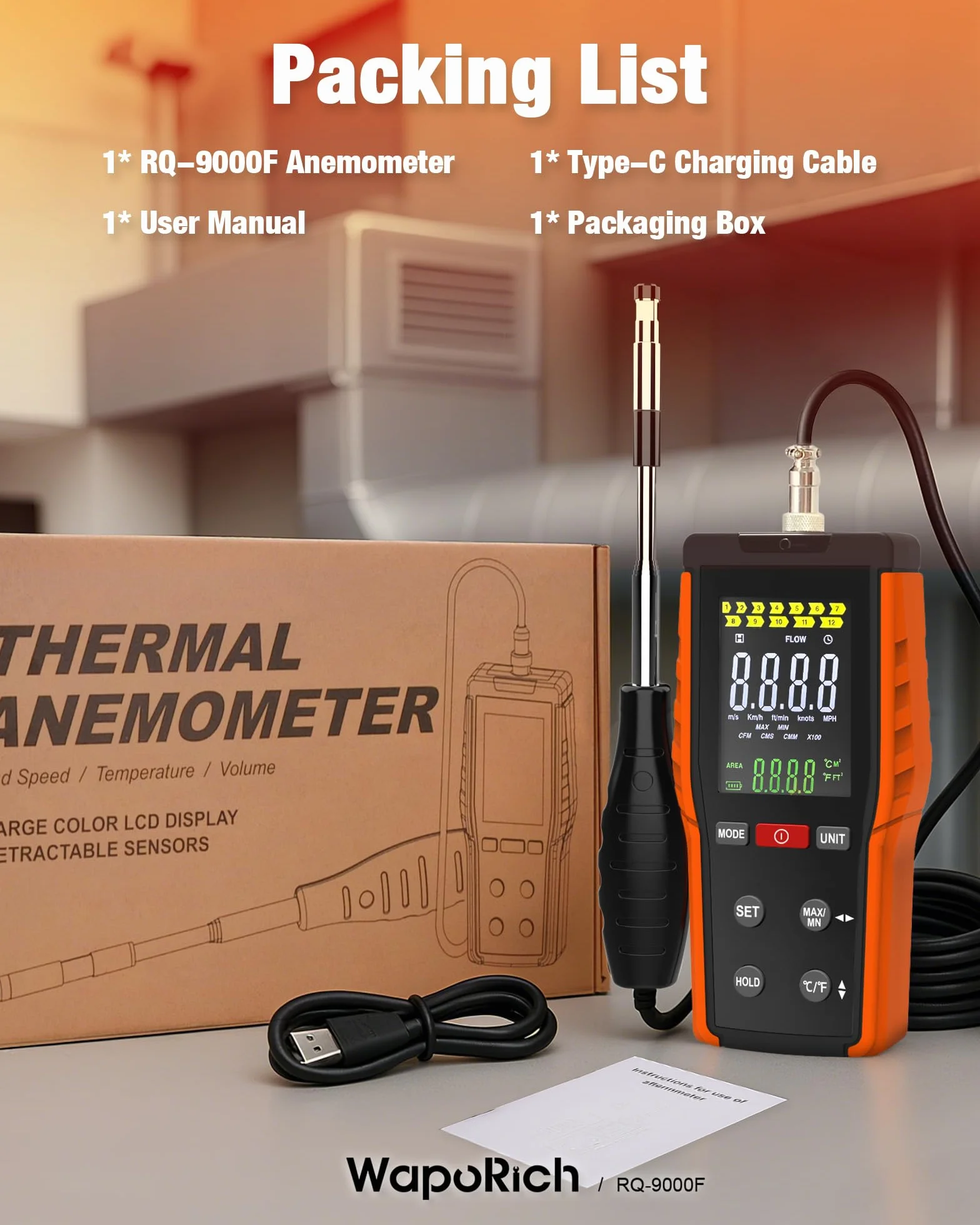 WapoRich RQ-9000F Anemometro a Filo Caldo Portatile, 0,1-30 m/s, 0-999.900 CFM/CMM/CMS, Display MAX/MIN per Condotti HVAC