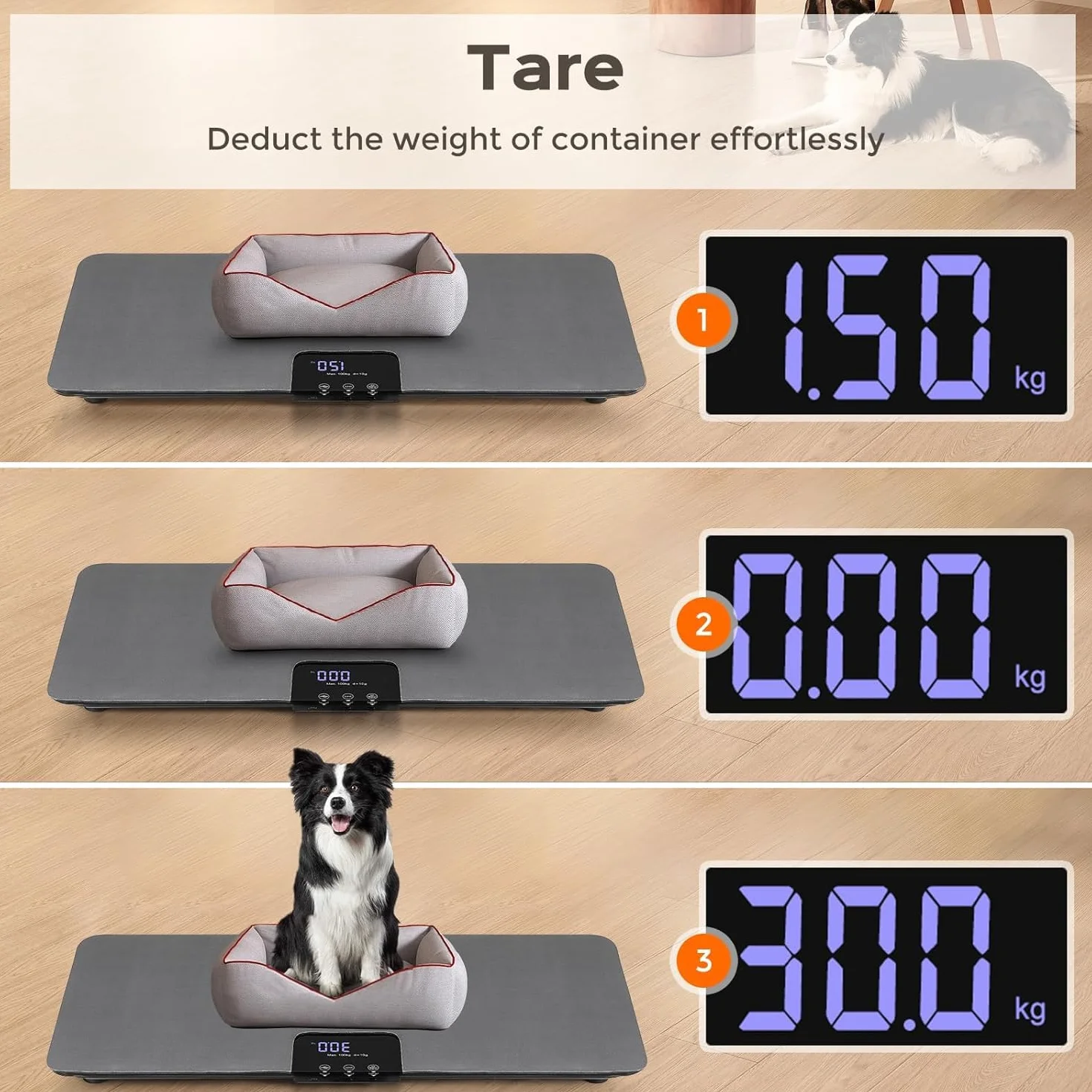 Bonvoisin Bilancia Digitale per Animali Domestici 100kg, Bilanza per Cani e Gatti Precisione 10g, 3 Modalità, Tappetino 68x33 cm, Display LCD, Funzione Hold, Ricarica USB-C