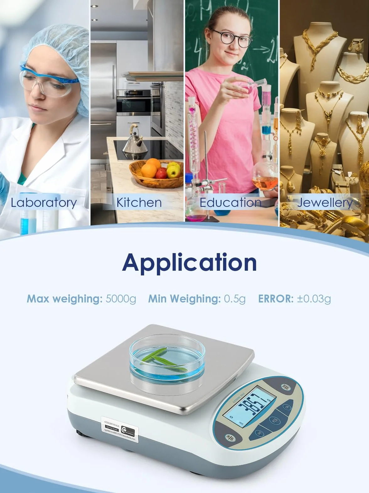 Bilancia da Laboratorio di Precisione 5kgx0.1g Digitale Elettronica CGOLDENWALL g/ct/oz/ozt/lb/dwt/%/tol