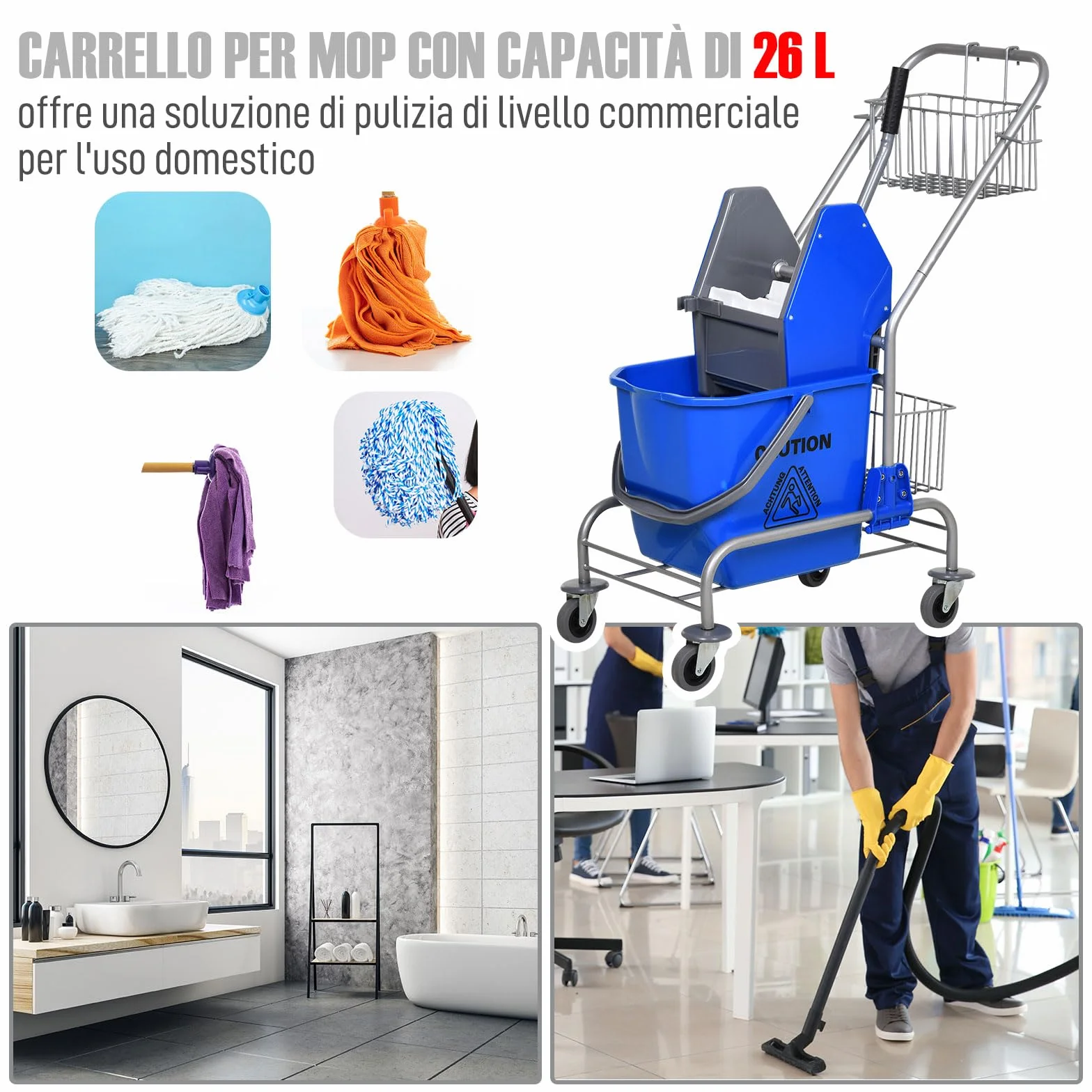 HOMCOM Carrello Pulizie 26L con Secchio Mocio e Strizzatore, 2 Cestini Rete Metallo, Maniglia 4 Ruote, Blu