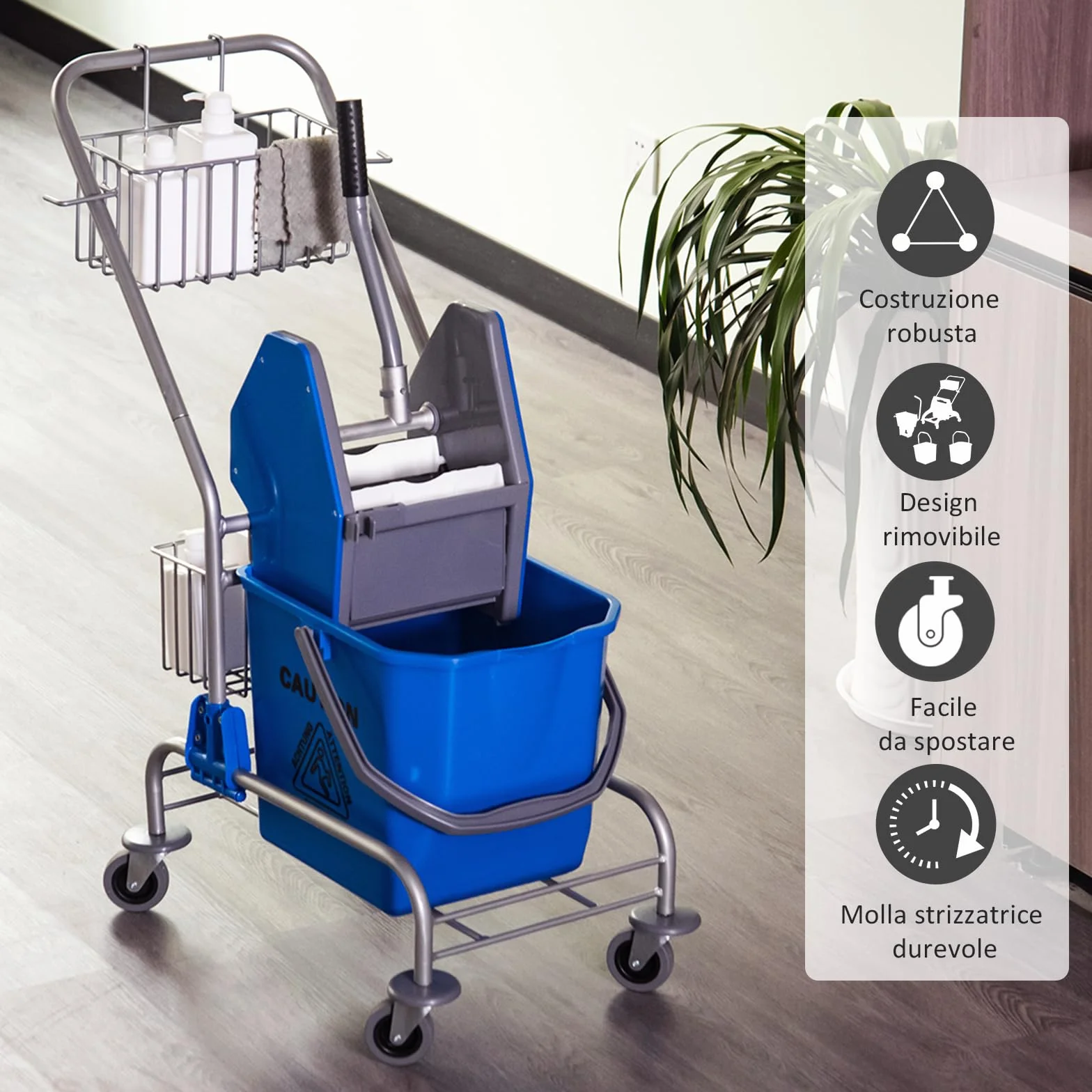 HOMCOM Carrello Pulizie 26L con Secchio Mocio e Strizzatore, 2 Cestini Rete Metallo, Maniglia 4 Ruote, Blu