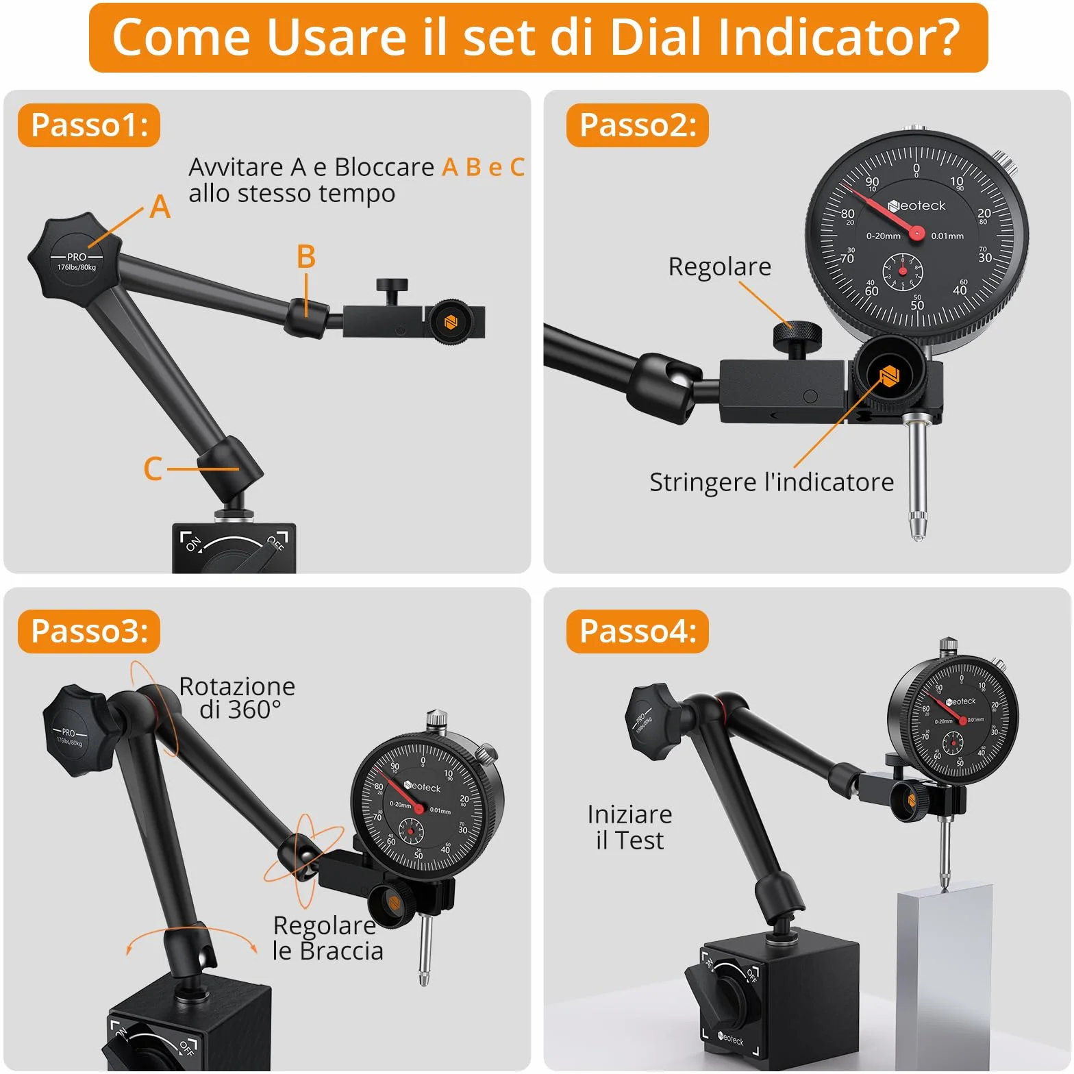 Neoteck Comparatore Centesimale Meccanico 0-20mm con Base Magnetica Set Indicatore Metrico in Acciaio Inox + Staffa Flessibile braccio Porta Quadrante Max Pull 80KG Controllo ON/OFF -Nero