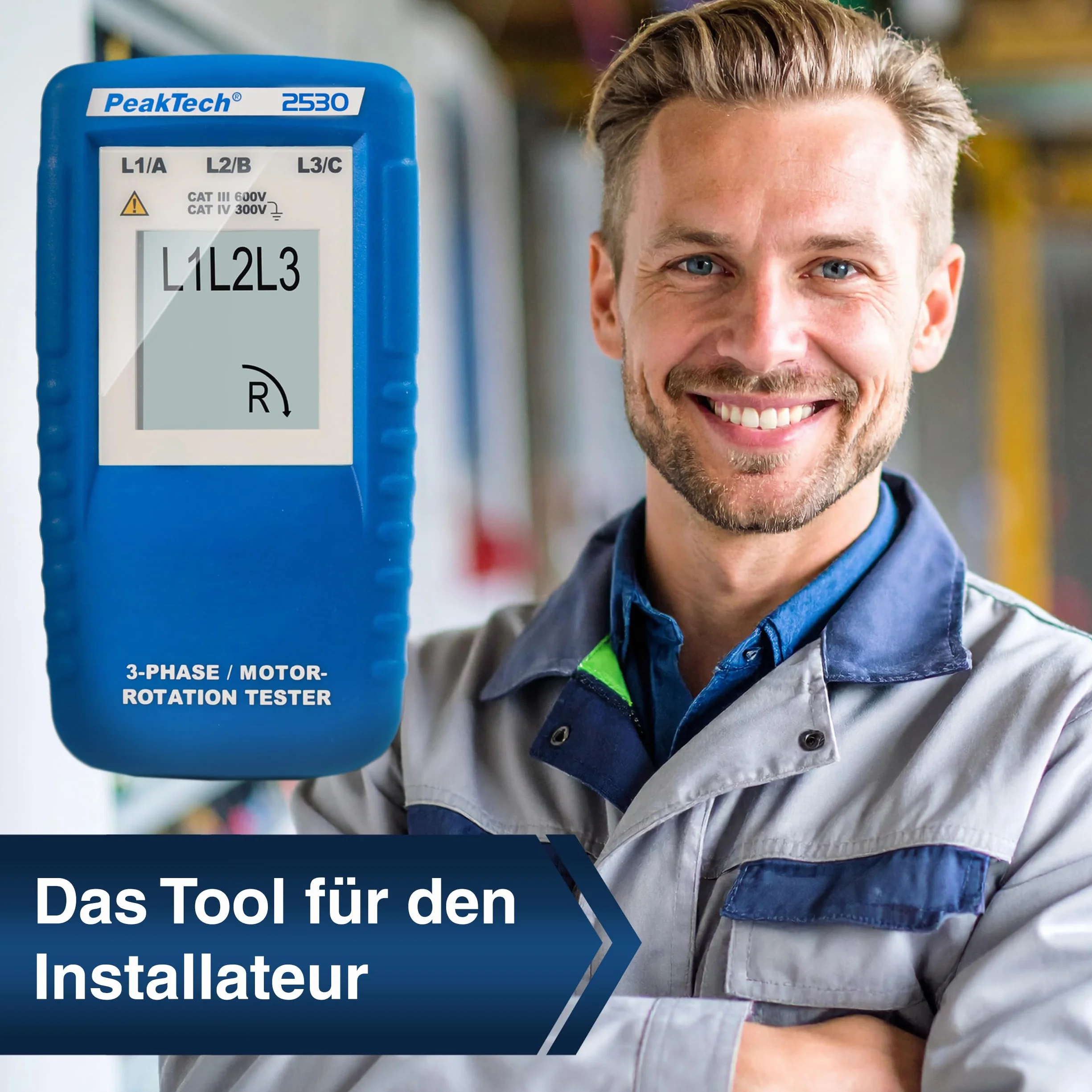 PeakTech P 2530 Indicatore di direzione trifase, tester di campo rotante con display LCD, 1 pezzo, strumento di misura elettrico per installazioni e manutenzione